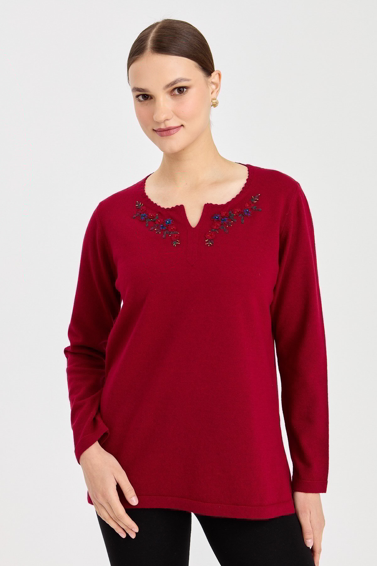 23005Kadın Sıfır Yaka Kenarı Dantel İşlemeli Yün Kazak V.Çürüğü