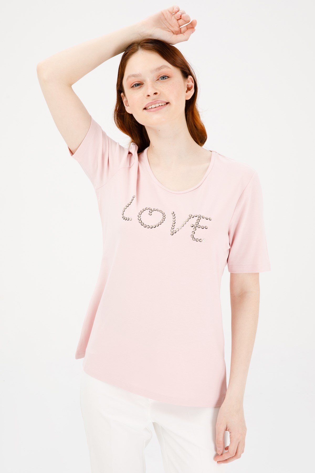 Женская трикотажная футболка с надписью Love с круглым вырезом и коротким рукавом пудрового цвета