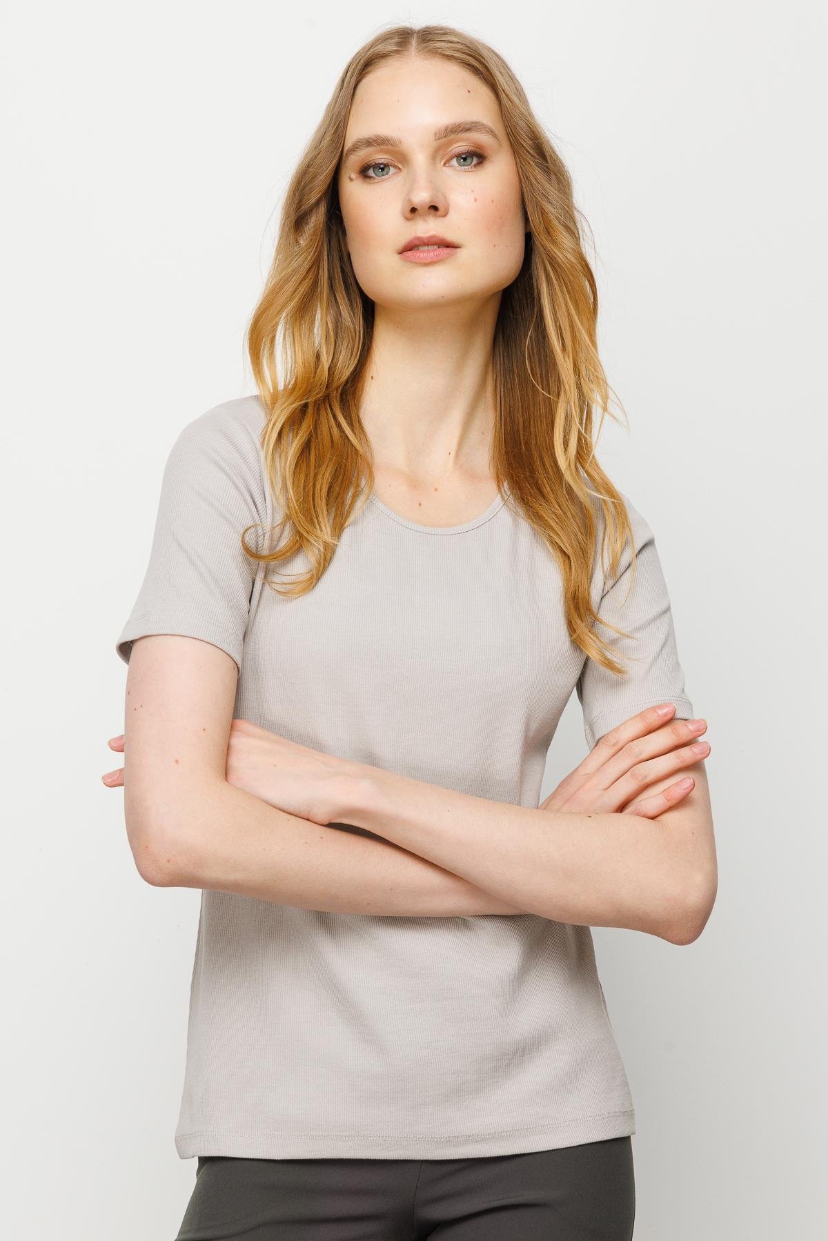 23755Kadın Sıfır Yaka Kısa Kol Pamuk Kaşkorse T-shirt Taş