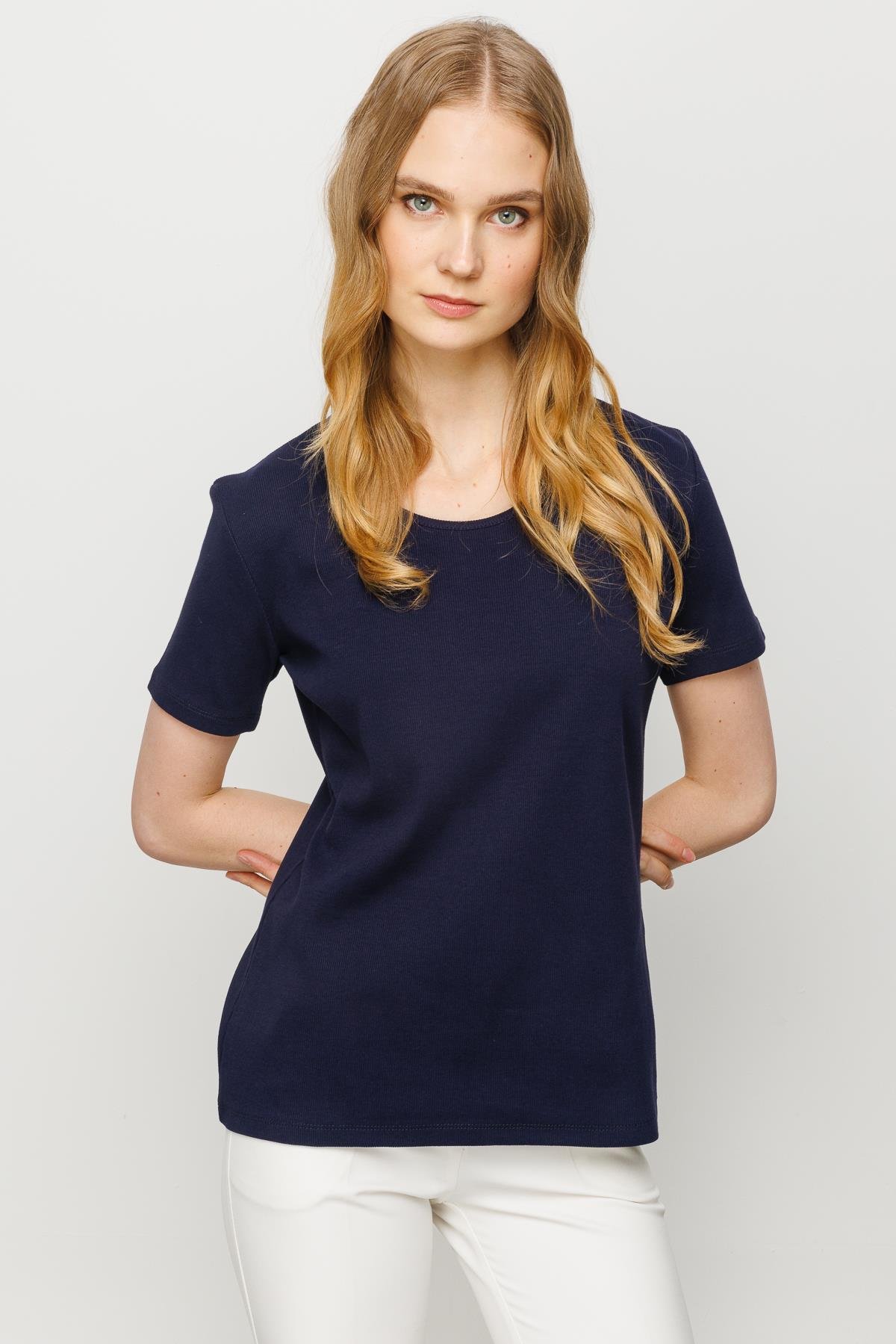 23755Kadın Sıfır Yaka Kısa Kol Pamuk Kaşkorse T-shirt Lacivert