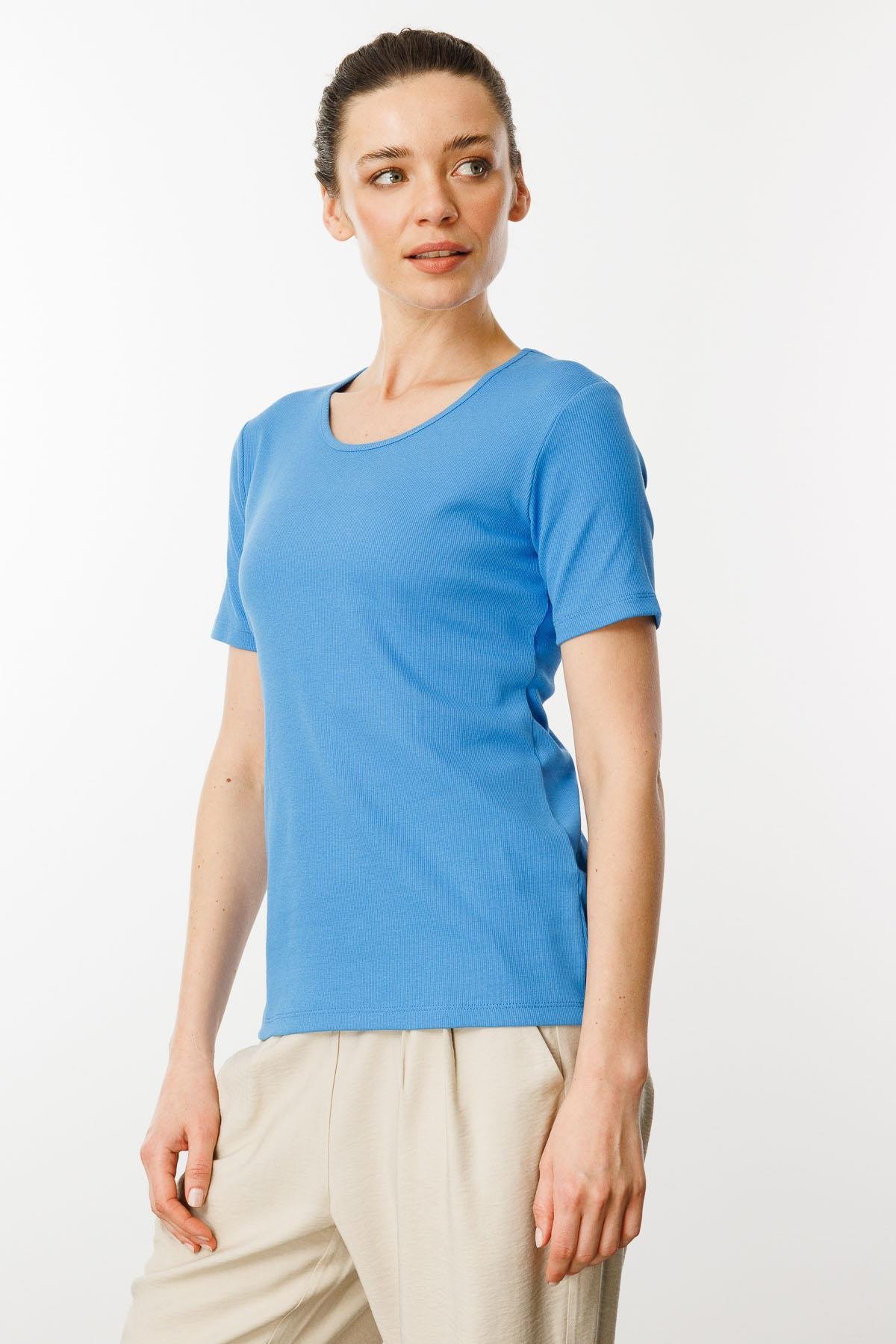 23755Kadın Sıfır Yaka Kısa Kol Pamuk Kaşkorse T-shirt Mavi