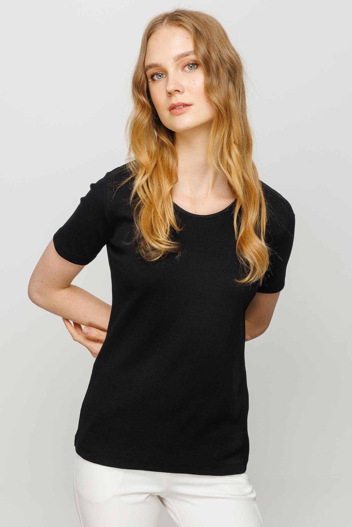 23755Kadın Sıfır Yaka Kısa Kol Pamuk Kaşkorse T-shirt Siyah