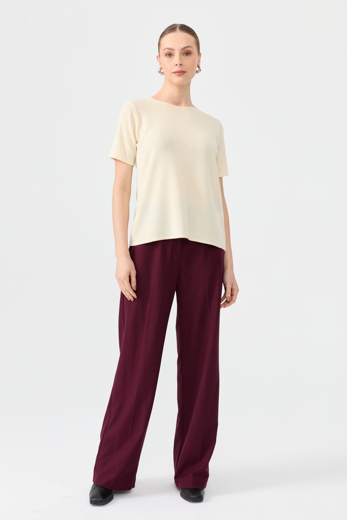 24112Kadın Sıfır Yaka Kısa Kollu Basic Yün Bluz Kemik