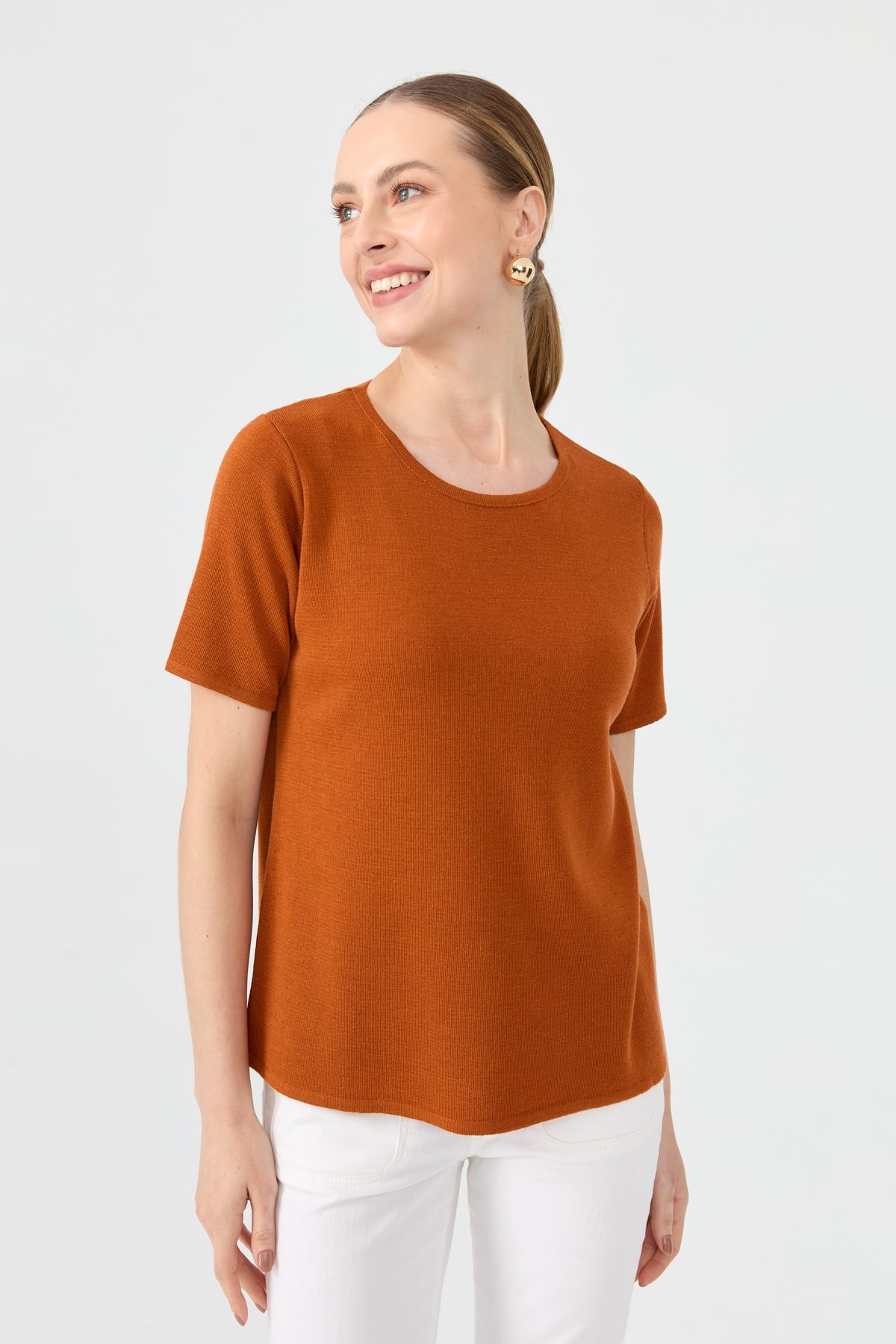 24112Kadın Sıfır Yaka Kısa Kollu Basic Yün Bluz A.Kiremit