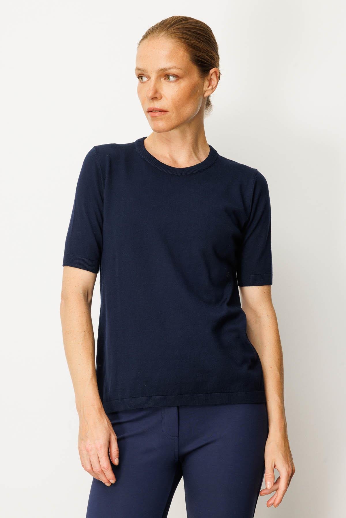 25392Kadın Sıfır Yaka Kısa Kollu Düz Bluz Lacivert