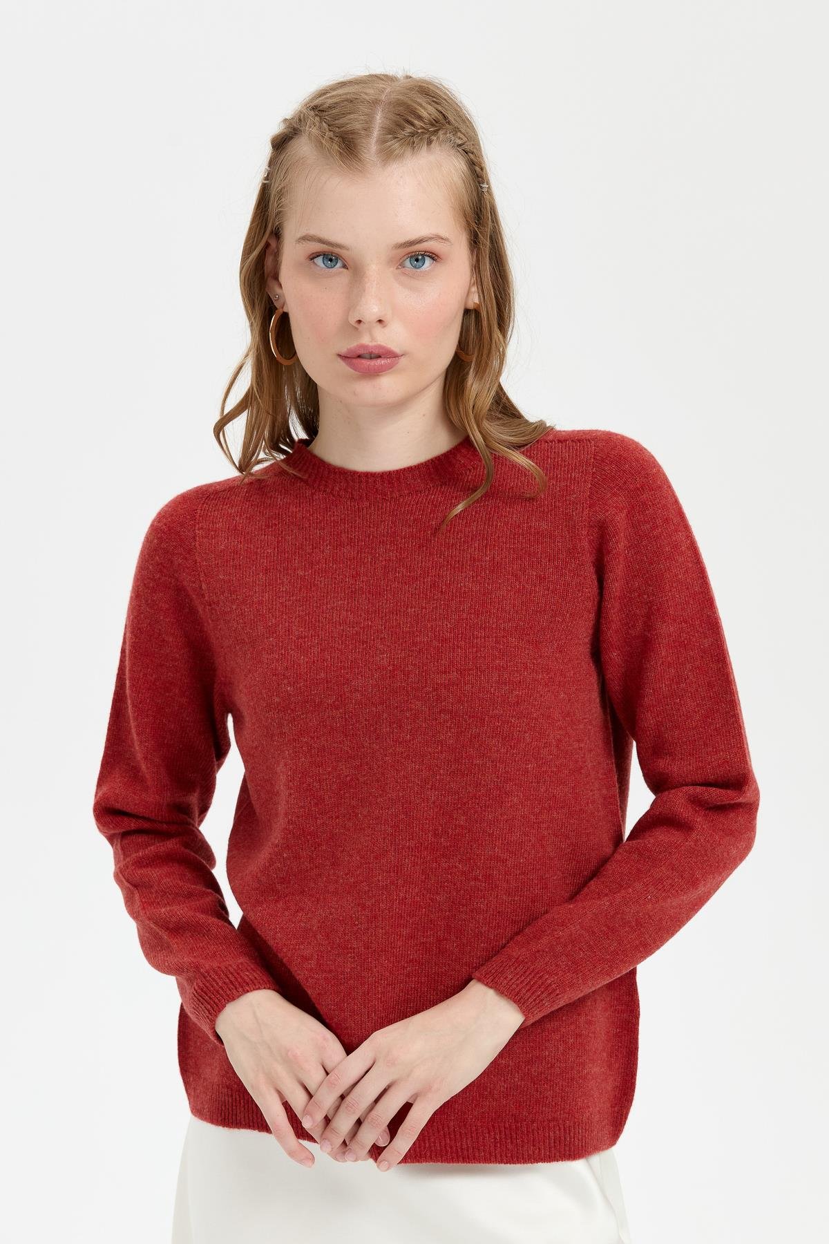 23163Kadın Sıfır Yaka Klasik Yün Kazak Kiremit