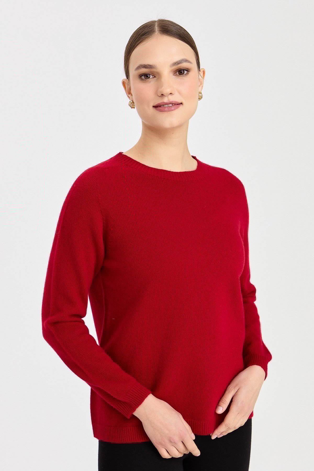 23163Kadın Sıfır Yaka Klasik Yün Kazak K.Kırmızı