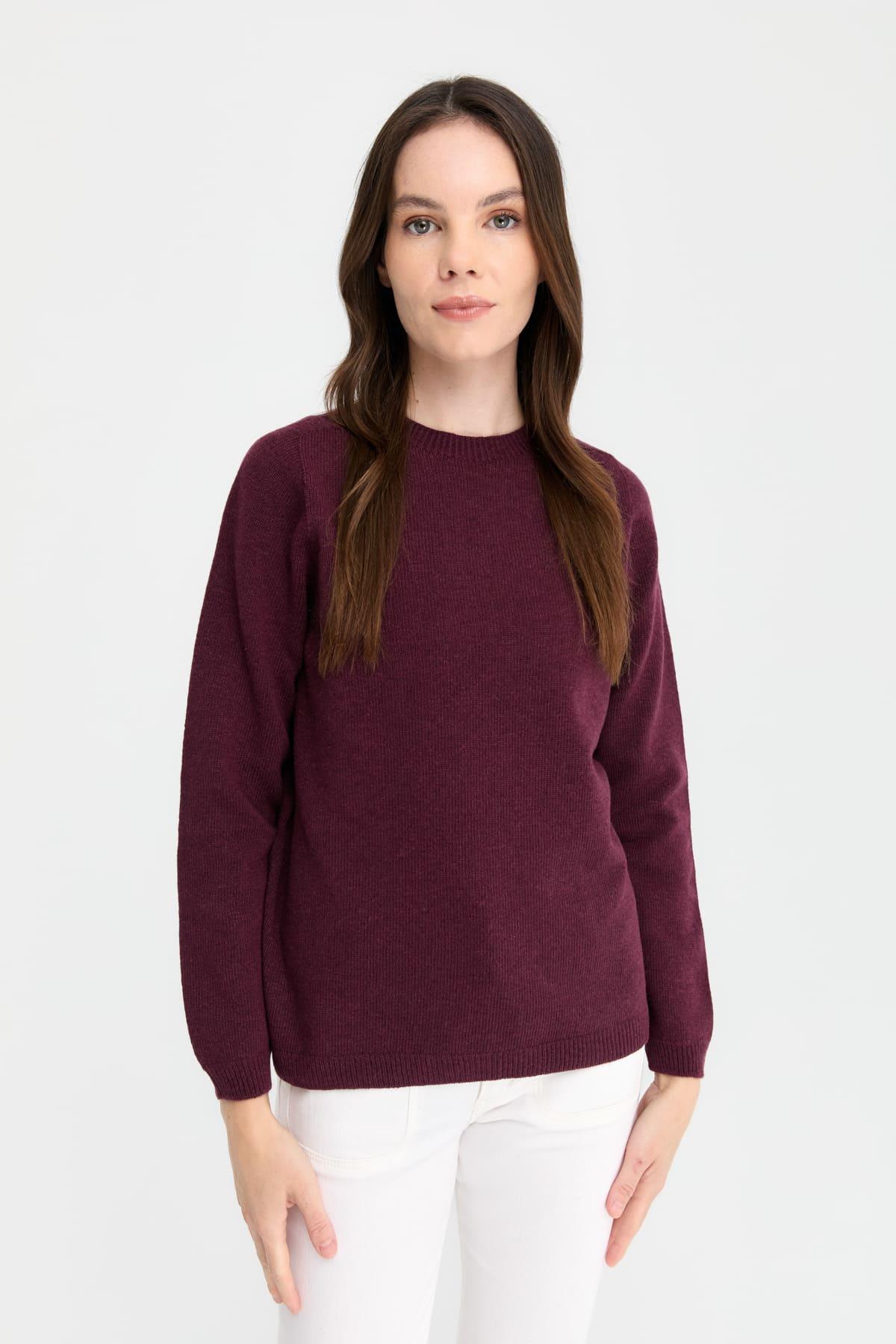 23163Kadın Sıfır Yaka Klasik Yün Kazak K.Mürdüm