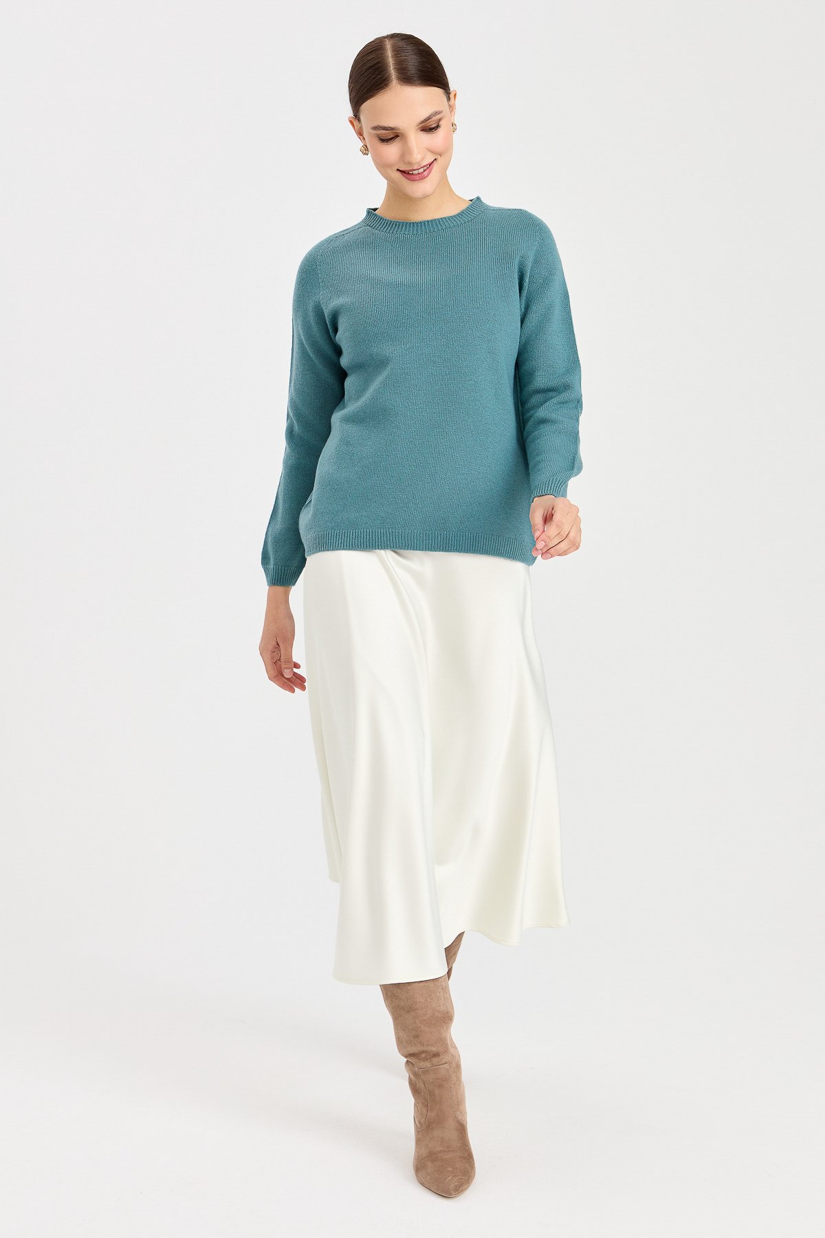 23163Kadın Sıfır Yaka Klasik Yün Kazak M.Yeşili