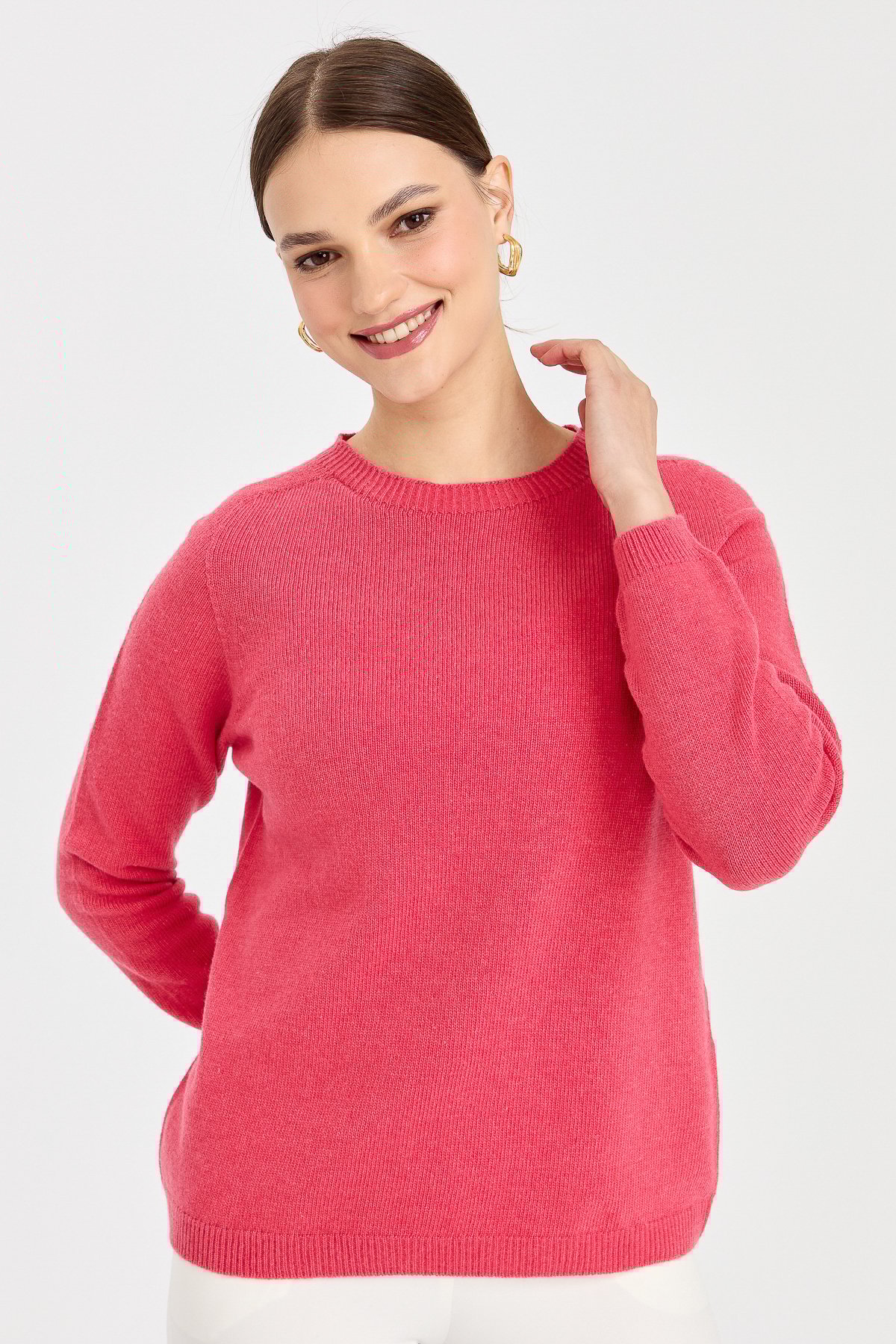 23163Kadın Sıfır Yaka Klasik Yün Kazak Y.Ş.Pembe