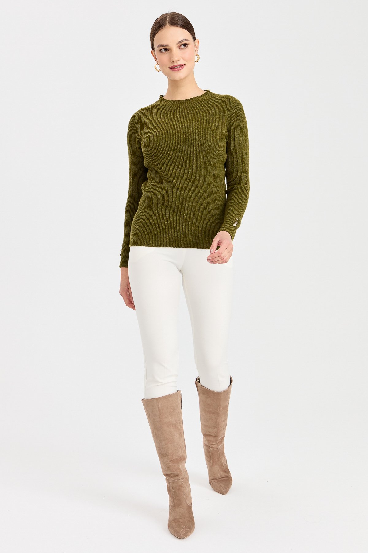 23158Kadın Sıfır Yaka Kol Ucu Düğmeli Yün Kazak A.K.Yeşili