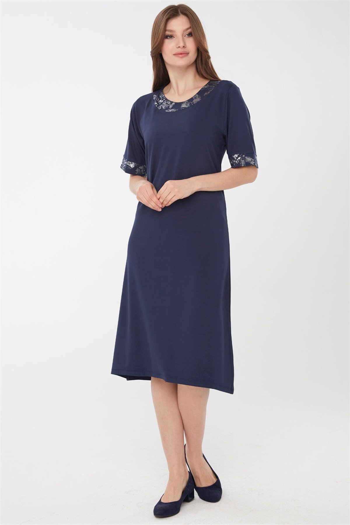 22756Kadın Sıfır Yaka Kolları ve Yakası Desenli Penye Elbise Lacivert