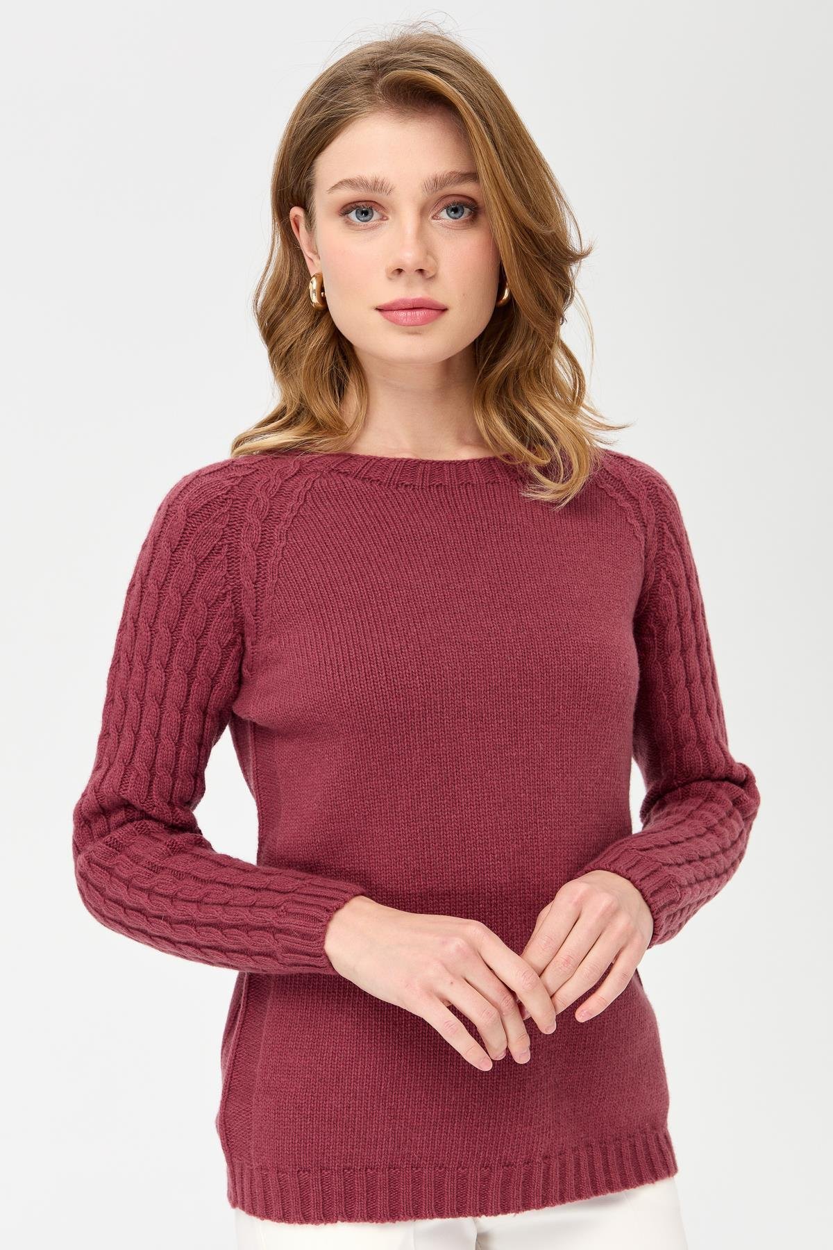 23201Kadın Sıfır Yaka Kolu Saç Örgü Yün Kazak K.G.Kurusu