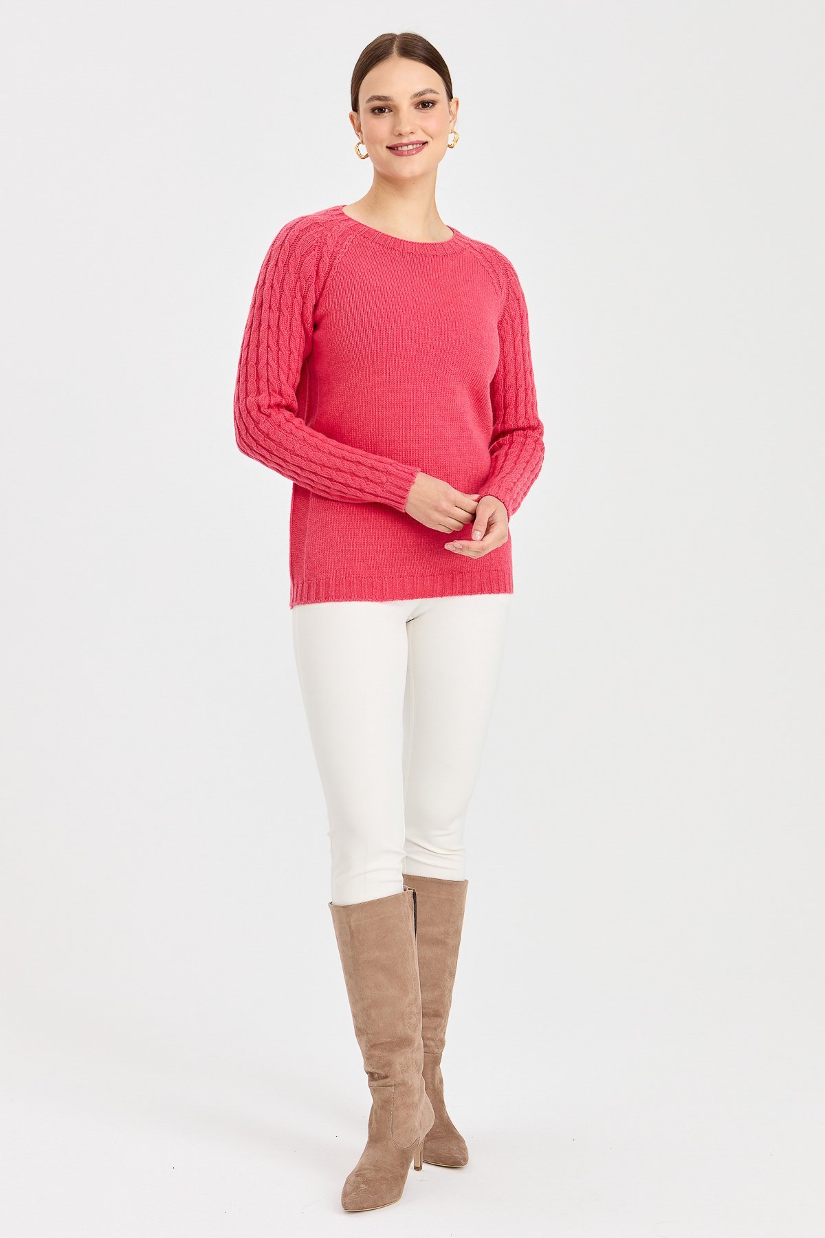 23201Kadın Sıfır Yaka Kolu Saç Örgü Yün Kazak Y.Ş.Pembe