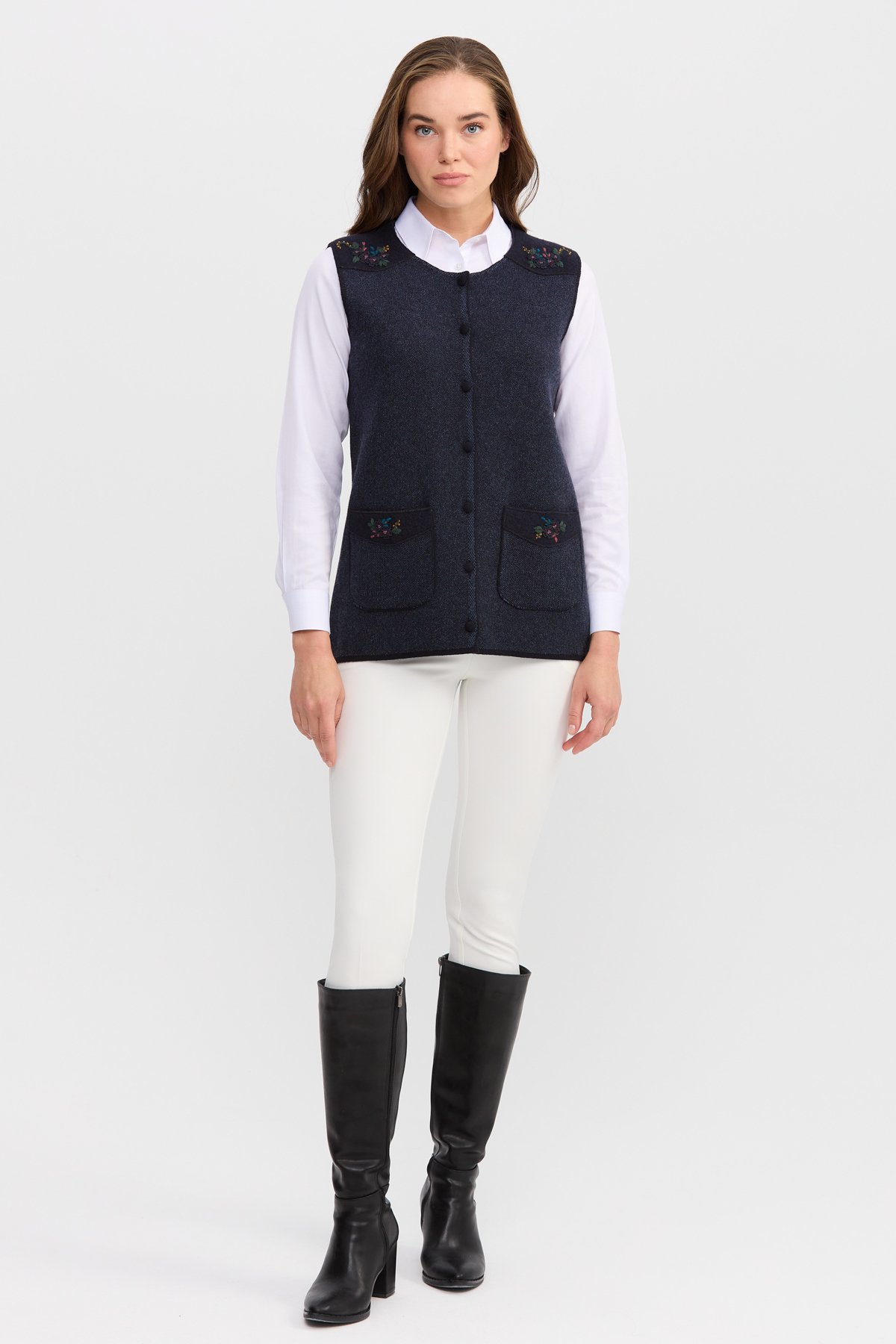 22113Женский жилет на пуговицах с круглым вырезом и карманом на плече с отделкой, темно синий
