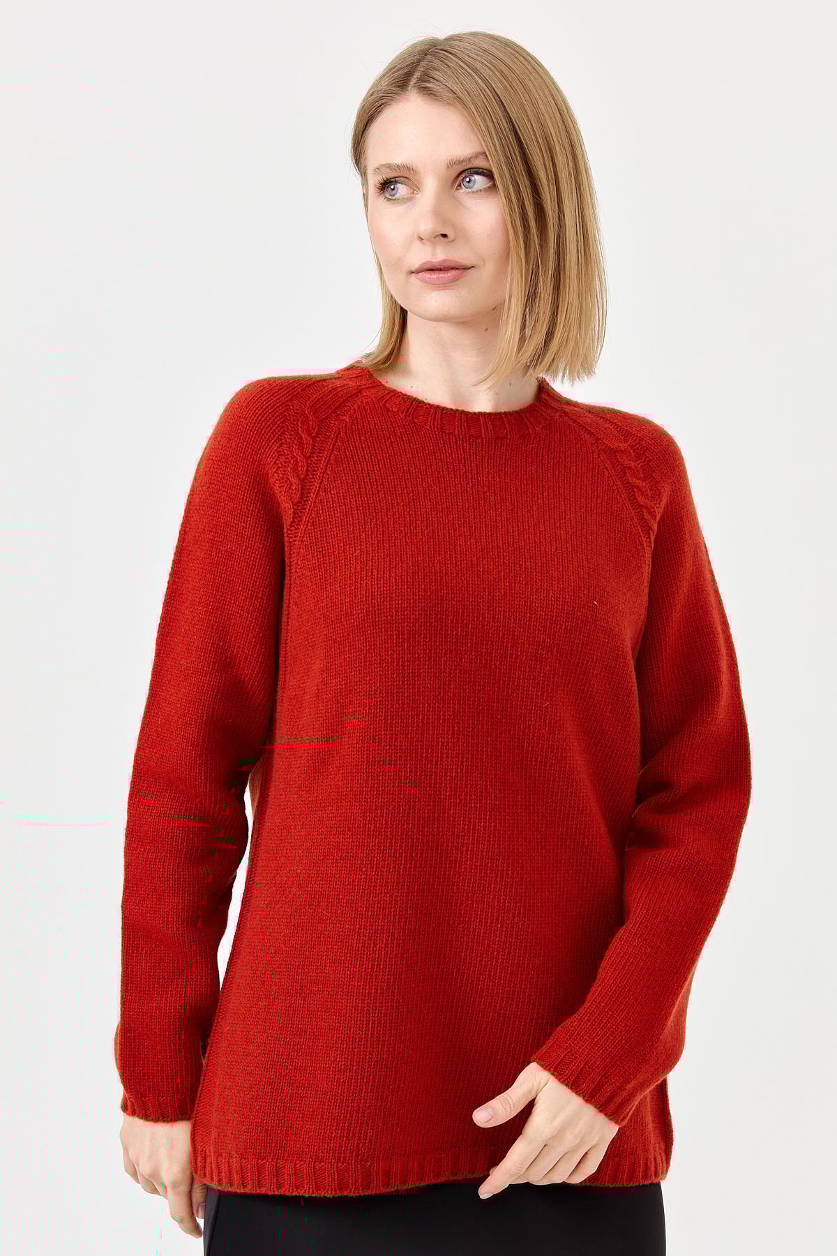 22096Kadın Sıfır Yaka Omzu Saç Örgülü Yün Kazak K.Kiremit