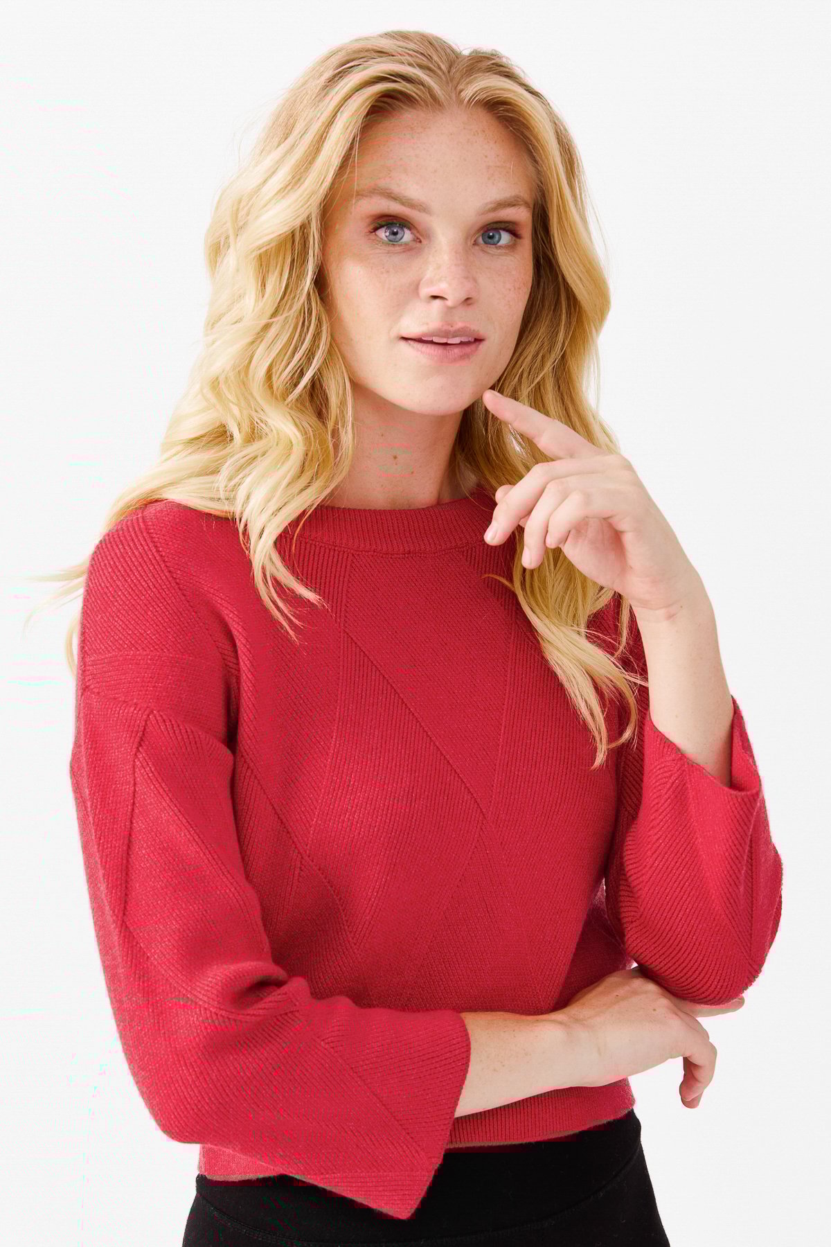 Женский короткий свитер с круглым вырезом и узором ромбы спереди, красный