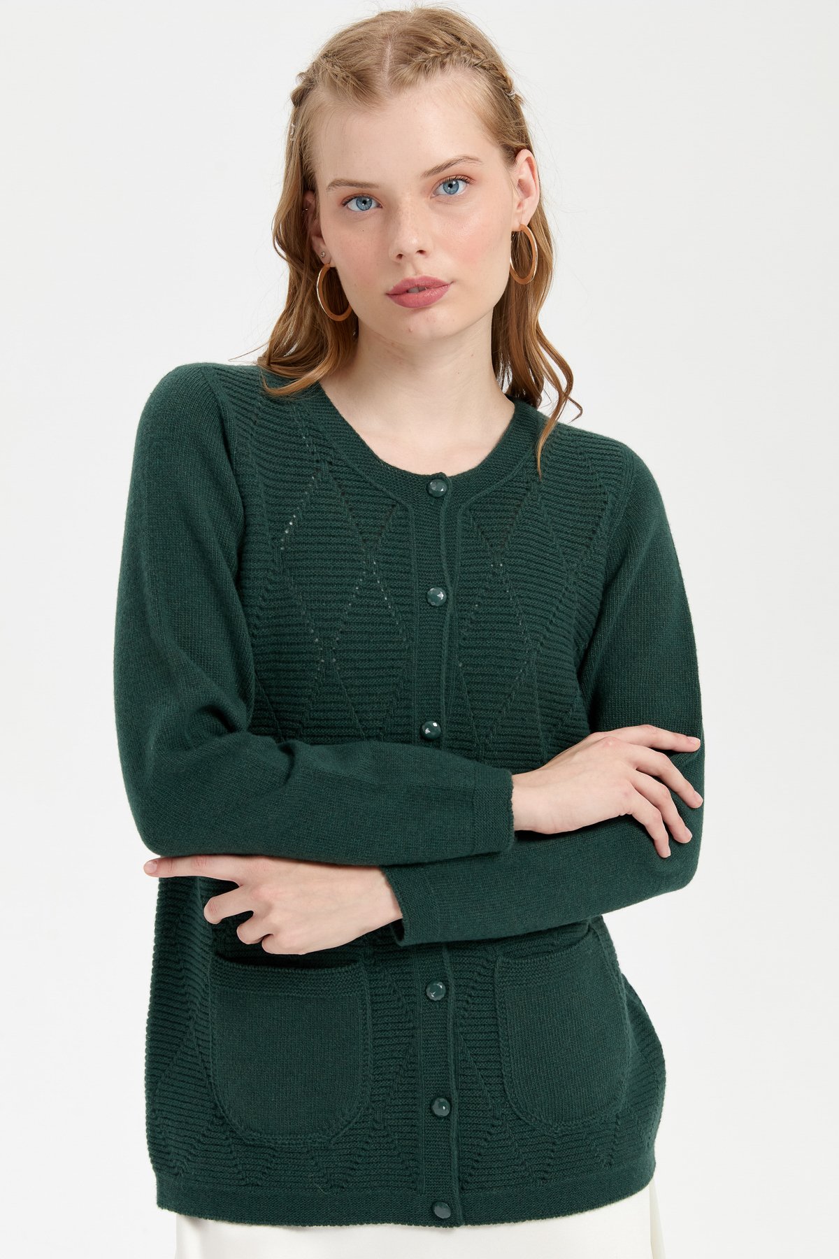 24202Kadın Sıfır Yaka Önü Baklava Örgü Dikişsiz Yün Hırka Yeşil