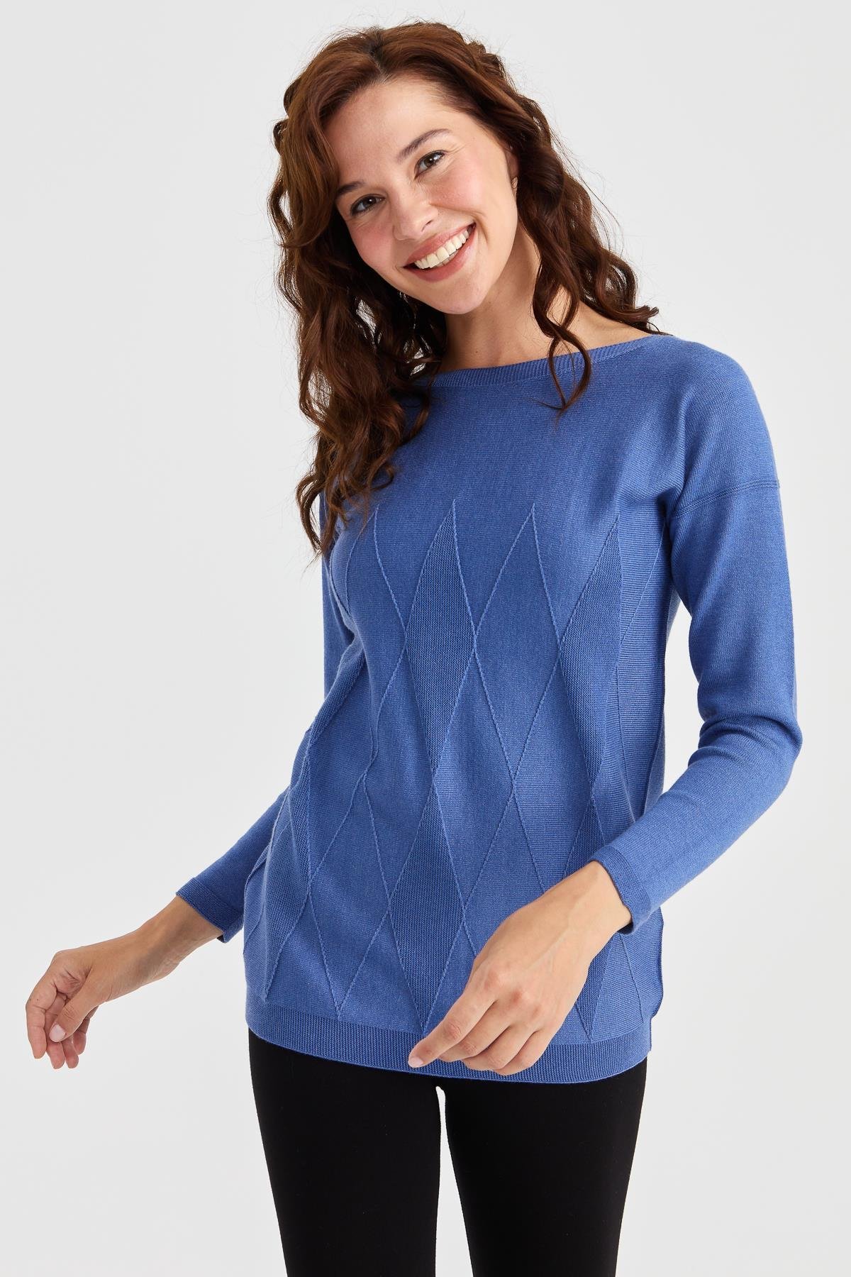 23155Kadın Sıfır Yaka Önü Baklava Örgü Kazak İndigo