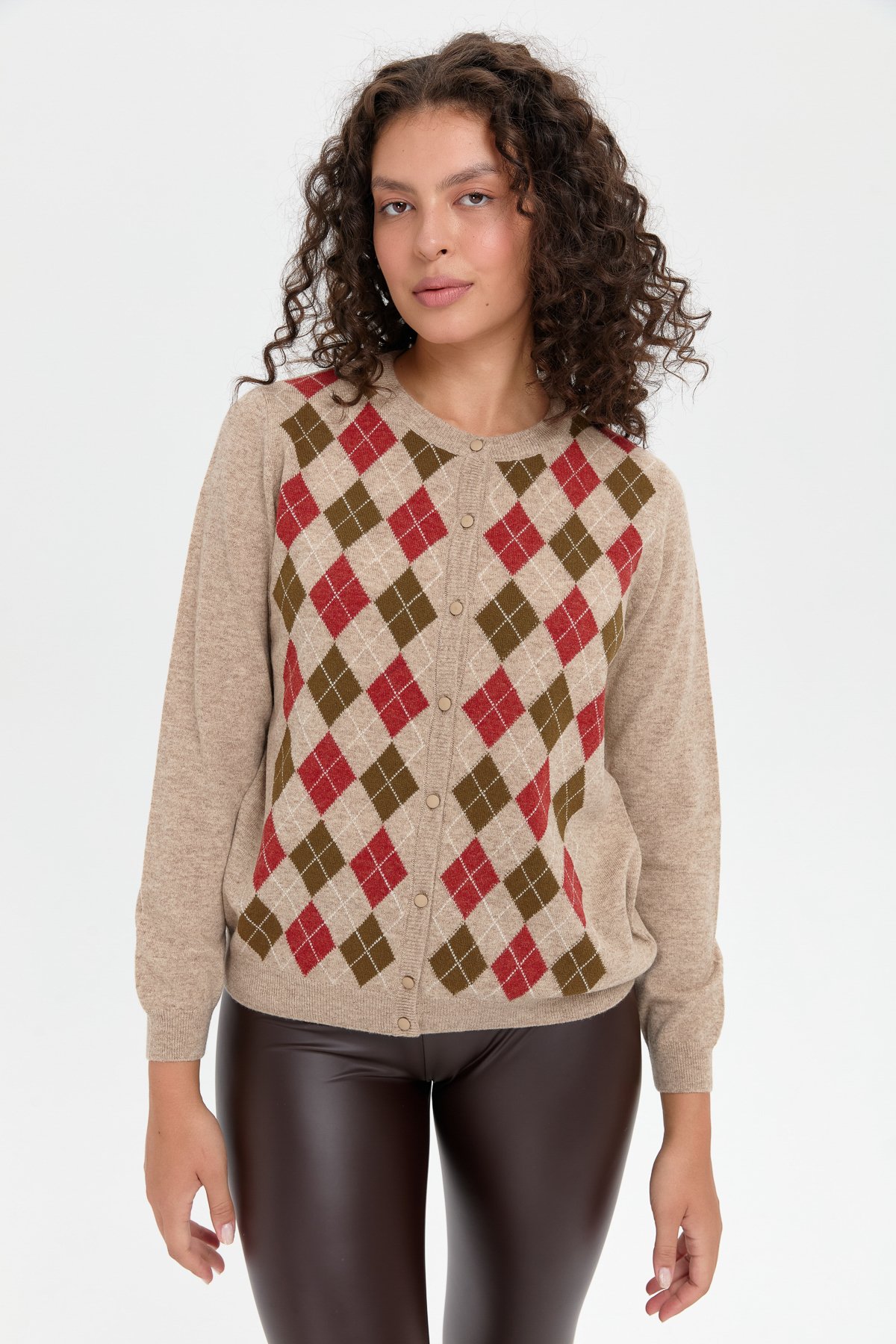 24039Kadın Sıfır Yaka Önü Baklavalı Yün Hırka K.Bej