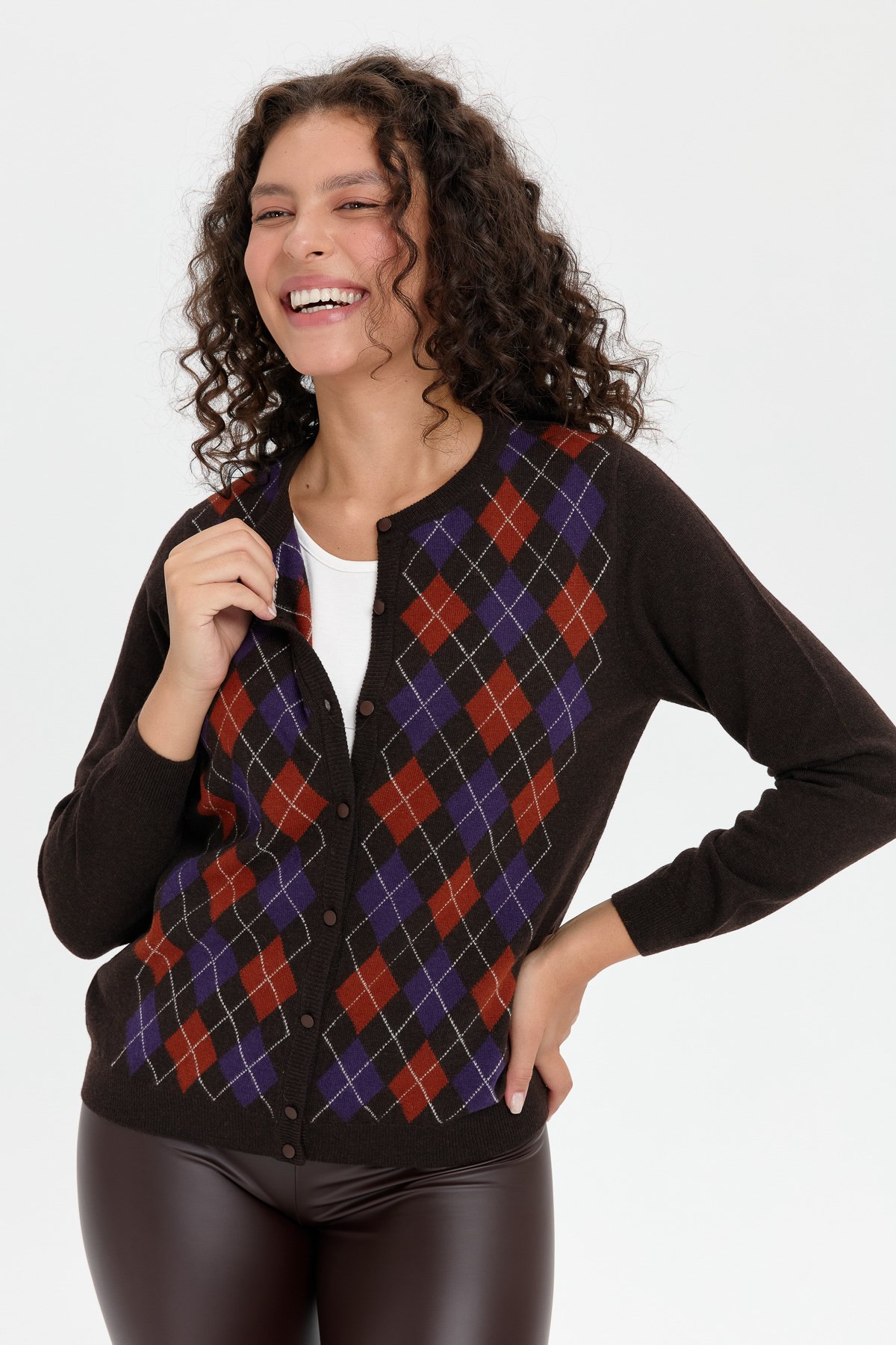 24039Kadın Sıfır Yaka Önü Baklavalı Yün Hırka K.Kahve