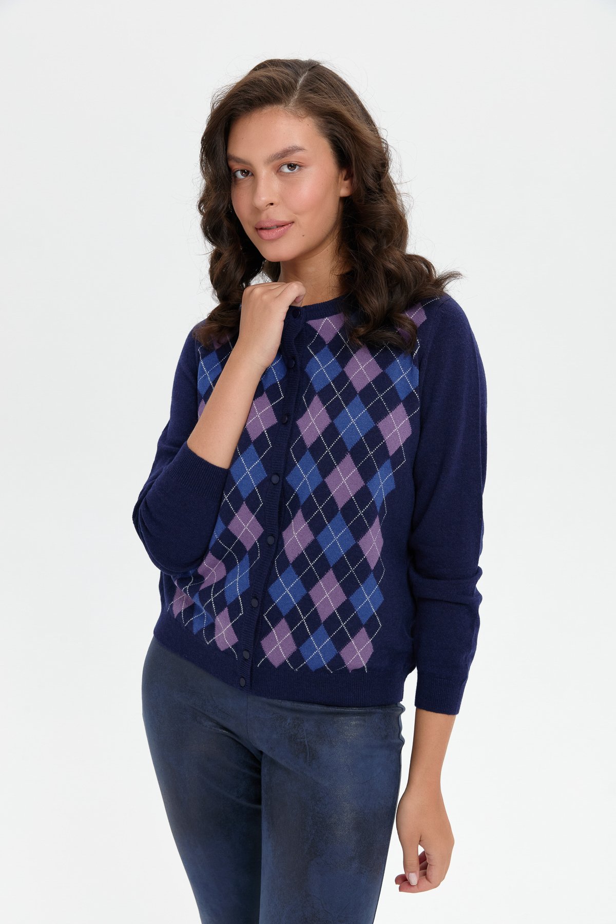 24039Kadın Sıfır Yaka Önü Baklavalı Yün Hırka Y.A Lacivert