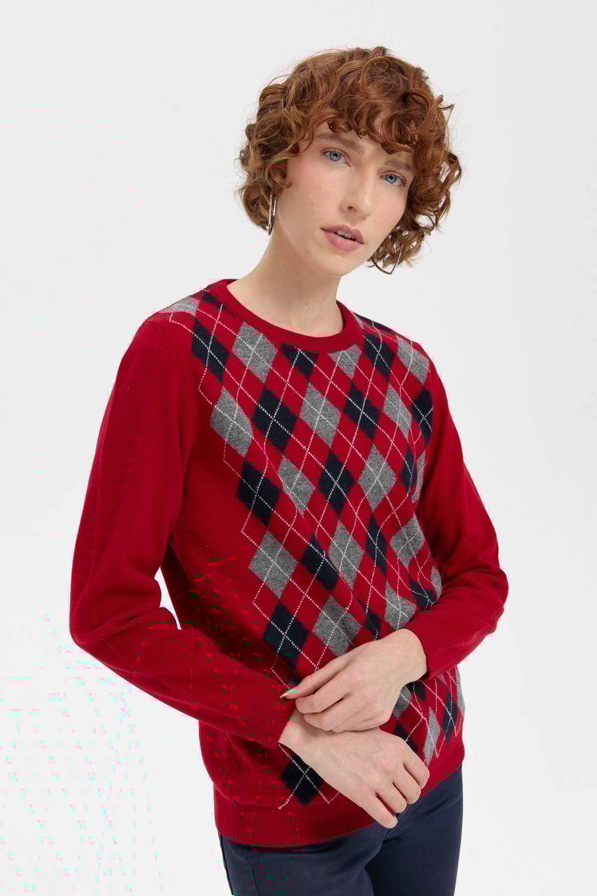 Kadın Sıfır Yaka Önü Baklavalı Yün Kazak K.Kırmızı