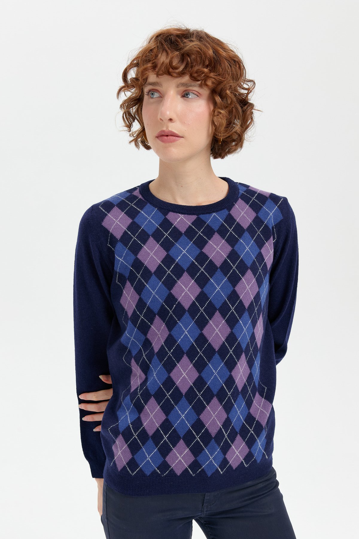 24035Kadın Sıfır Yaka Önü Baklavalı Yün Kazak Y.A.Lacivert