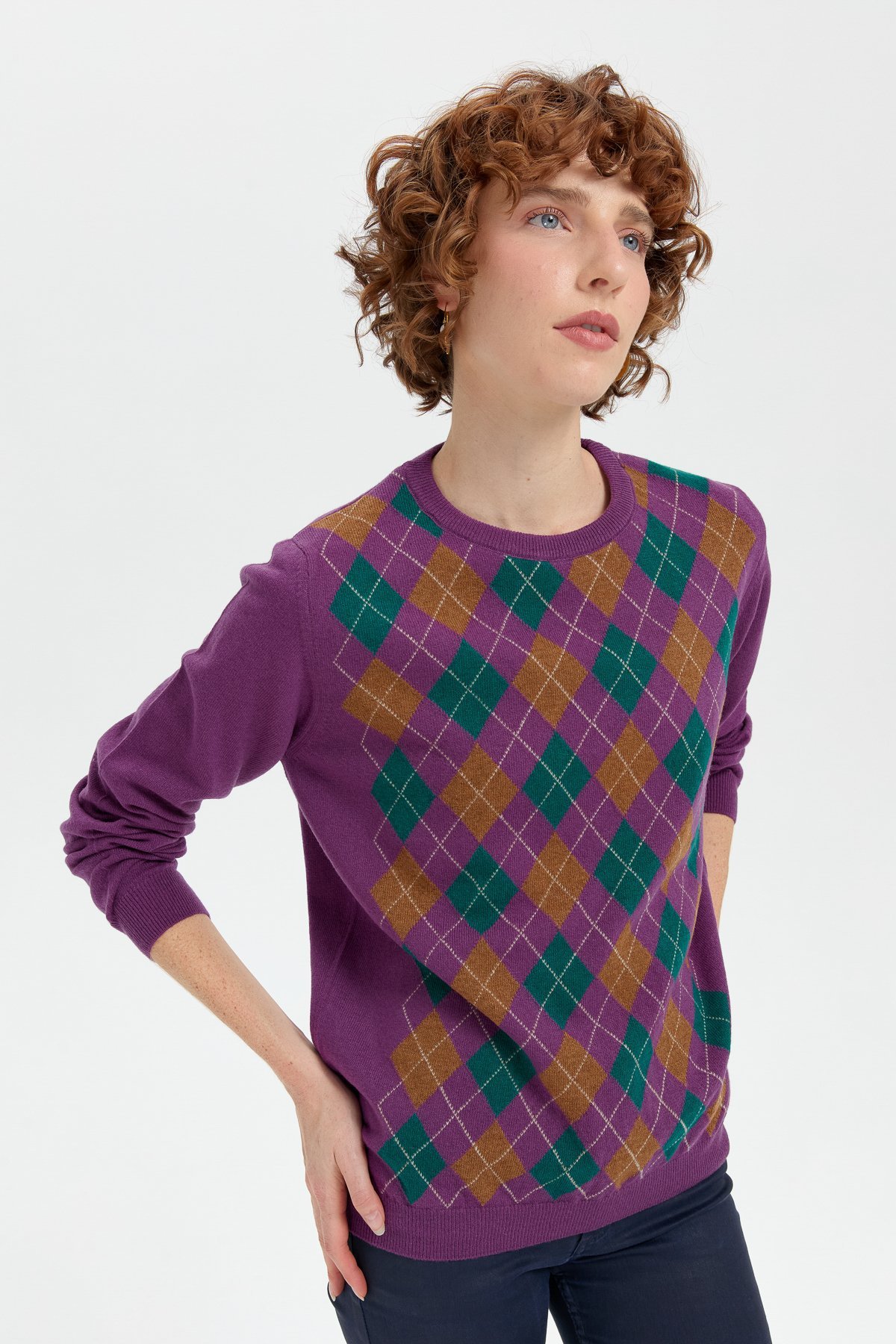 24035Kadın Sıfır Yaka Önü Baklavalı Yün Kazak A.Mor