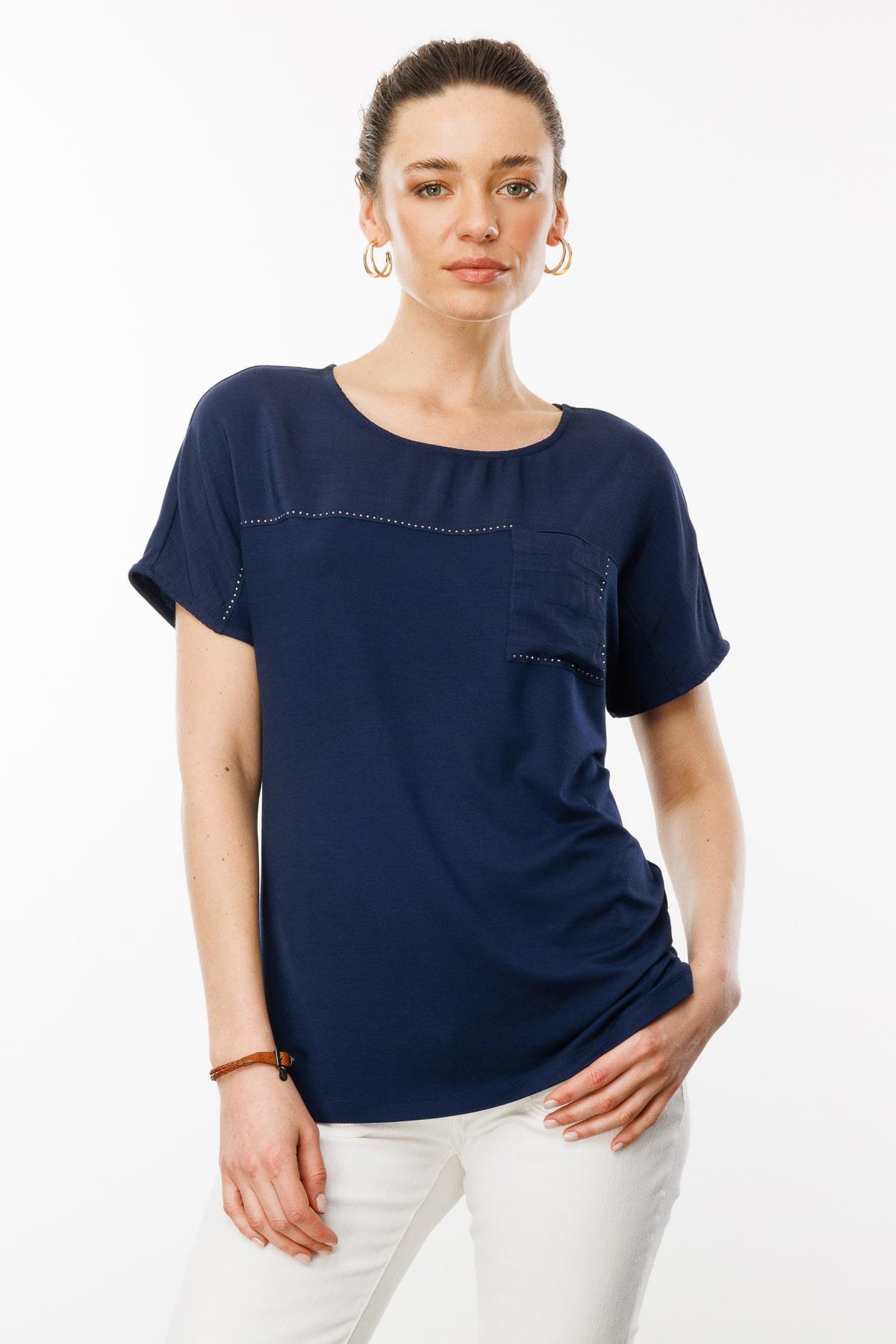 25830Kadın Sıfır Yaka Önü Cepli Penye T-shirt Lacivert