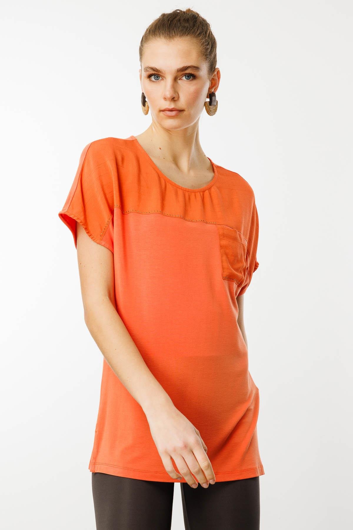 25830Kadın Sıfır Yaka Önü Cepli Penye T-shirt Oranj