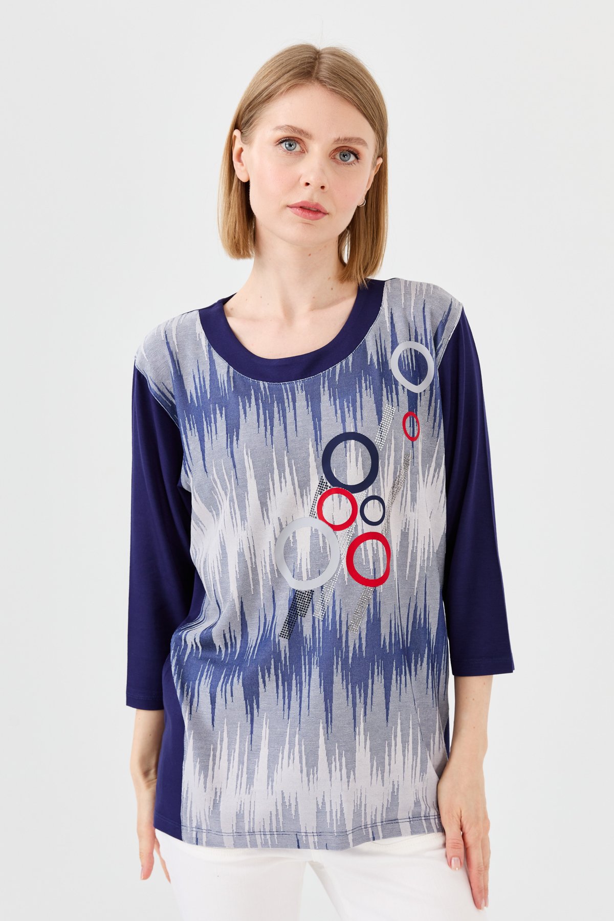 23759Kadın Sıfır Yaka Önü Desenli Penye Bluz Lacivert