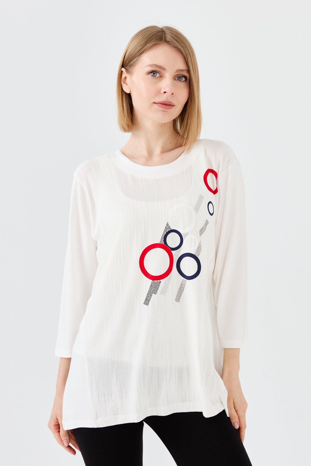 23759Kadın Sıfır Yaka Önü Desenli Penye Bluz Kemik