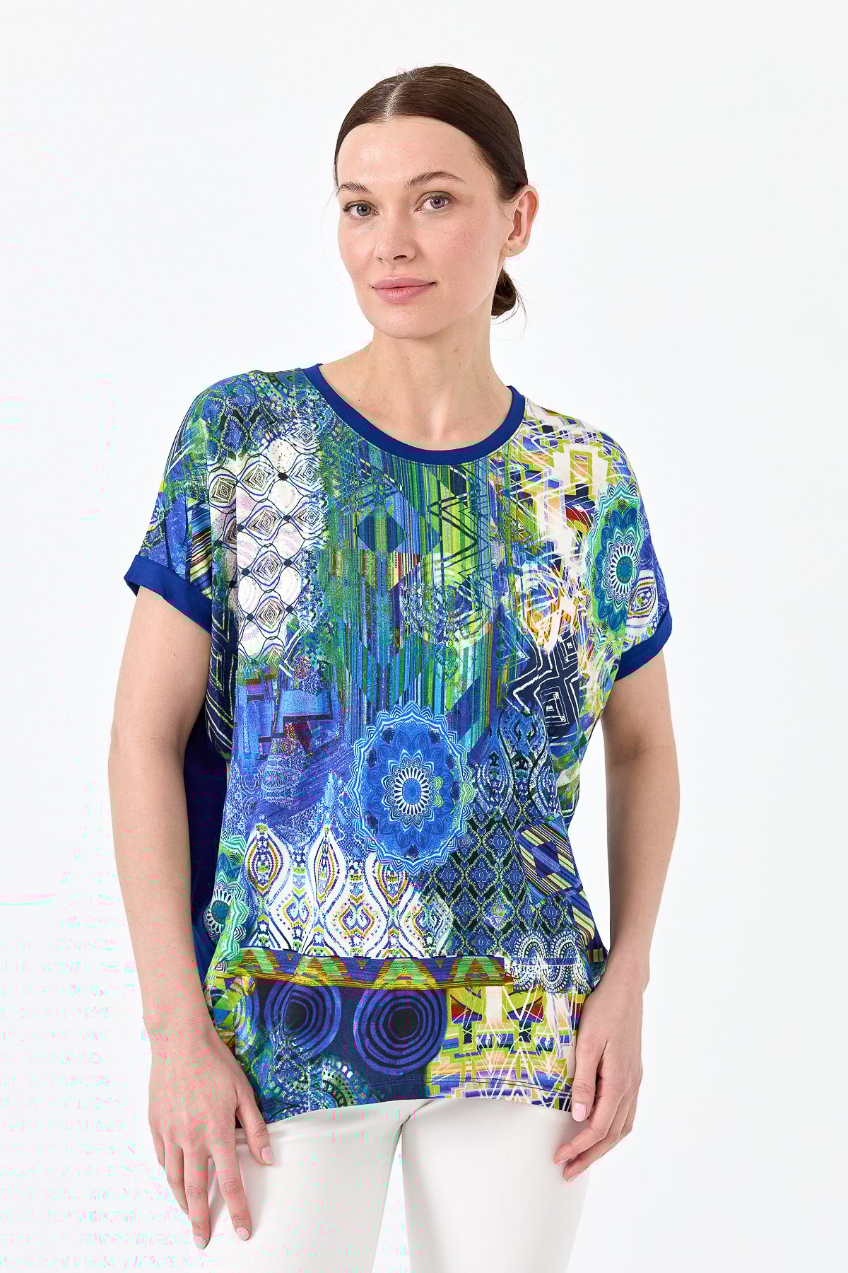 23712Kadın Sıfır Yaka Önü Desenli Penye T-shirt Saks