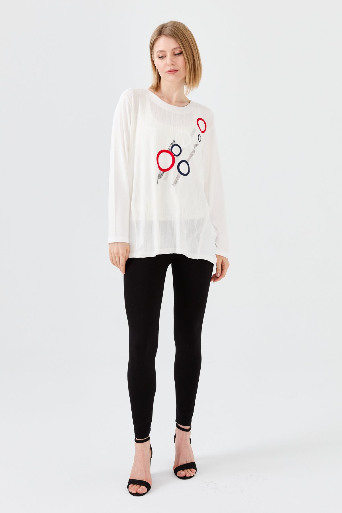 23760Kadın Sıfır Yaka Önü Desenli Uzun Kollu Penye Bluz Kemik