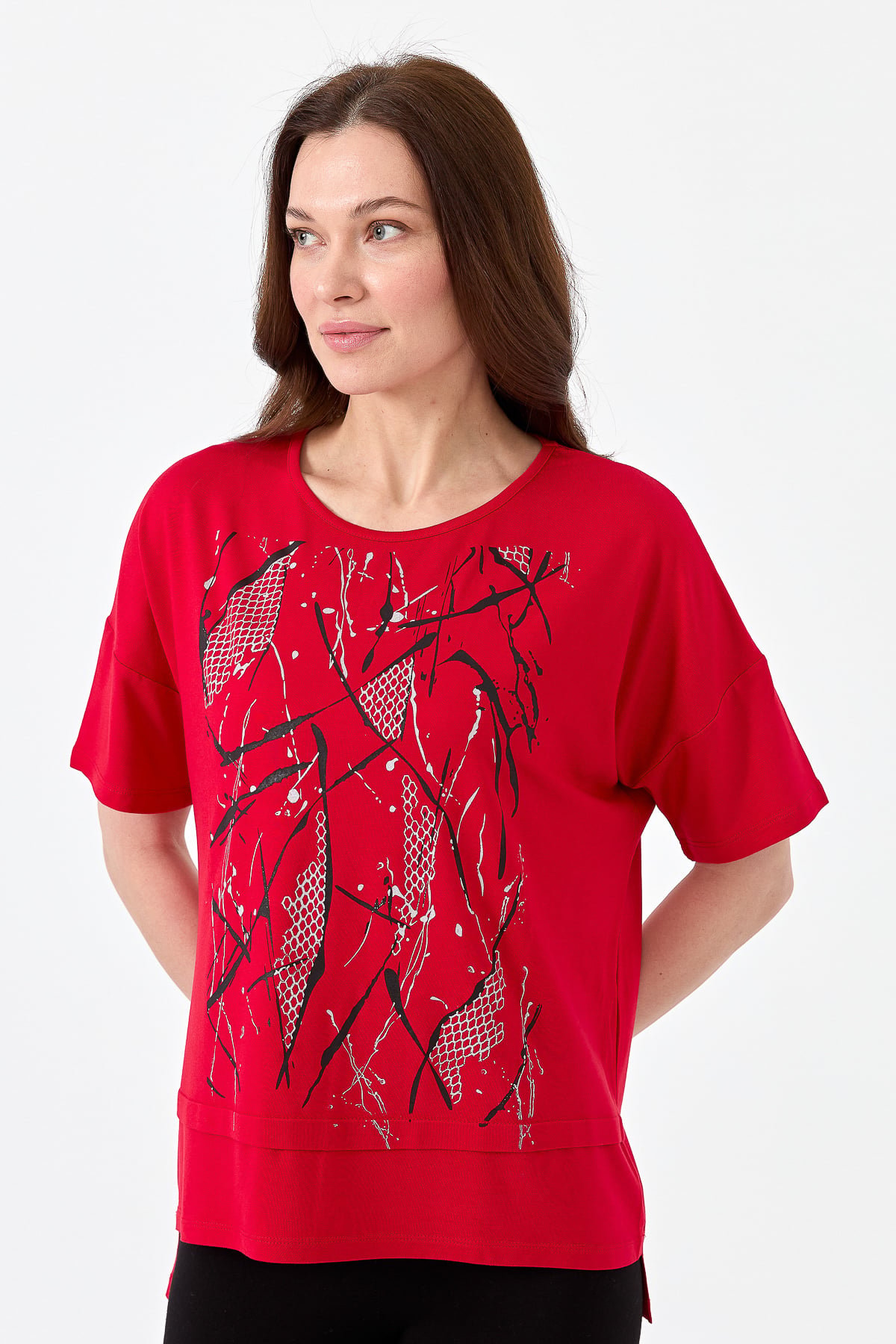 22720Kadın Sıfır Yaka Önü File Baskılı Penye T-shirt Kırmızı