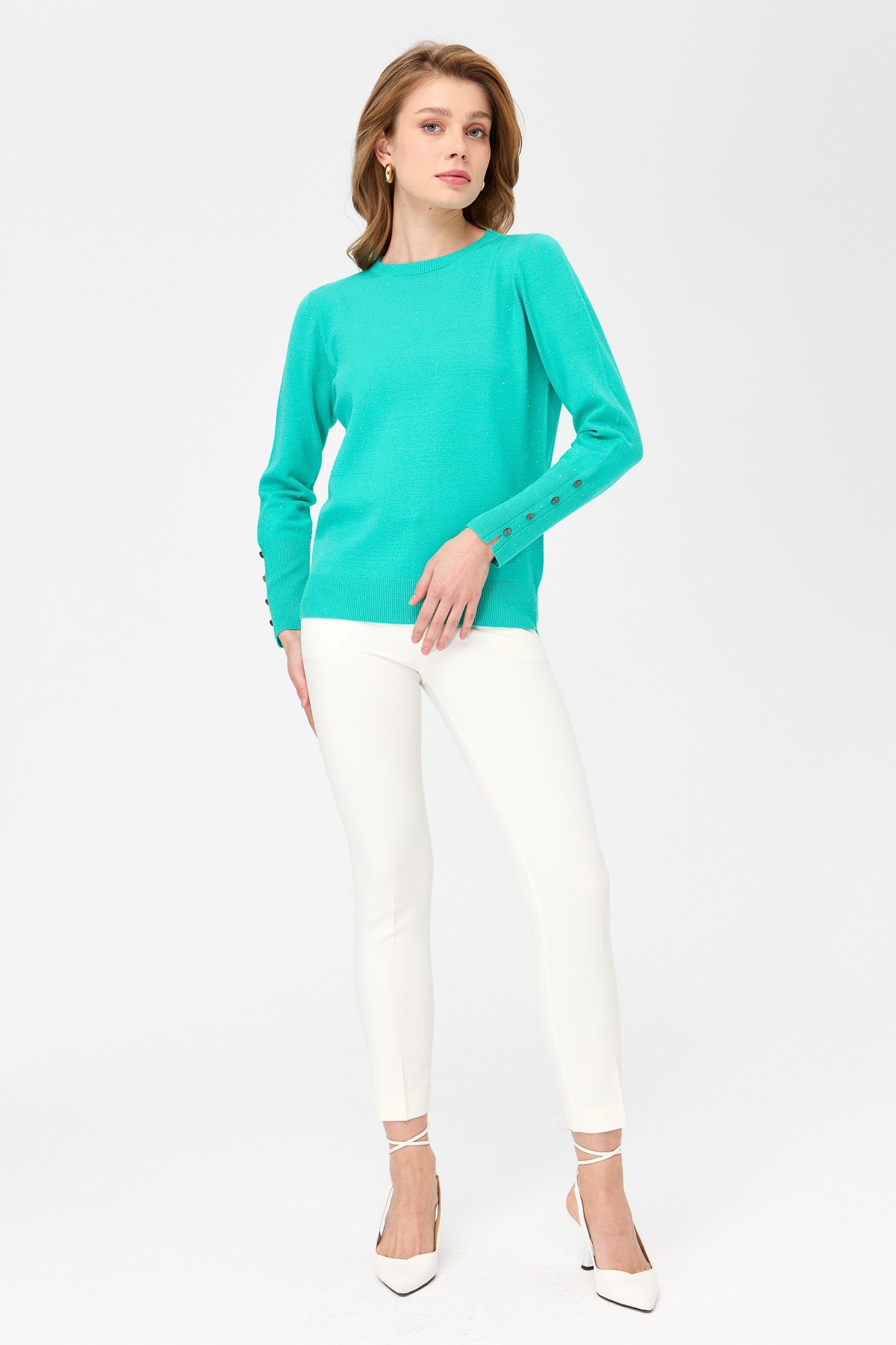 23331Kadın Sıfır Yaka Önü Kısa Arkası Uzun Kazak S.Yeşili