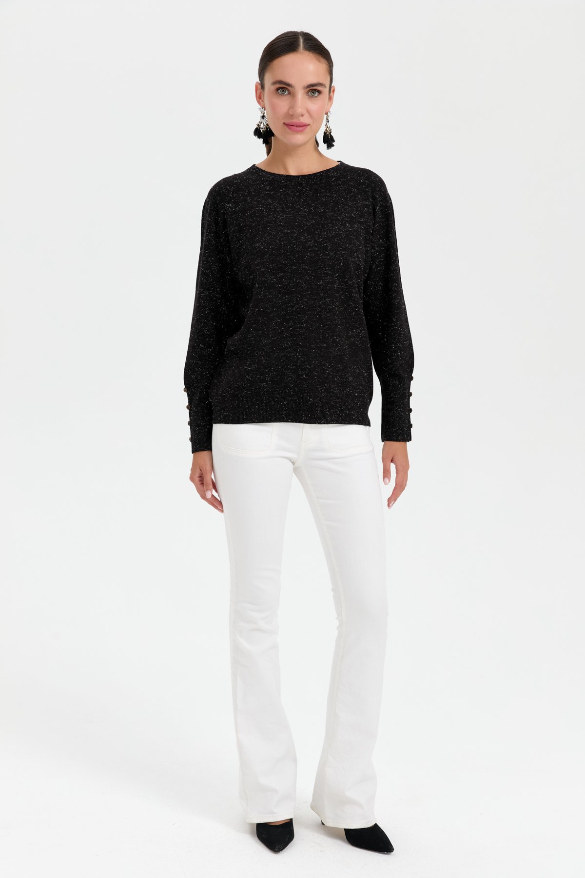 23331Kadın Sıfır Yaka Önü Kısa Arkası Uzun Kazak Siyah