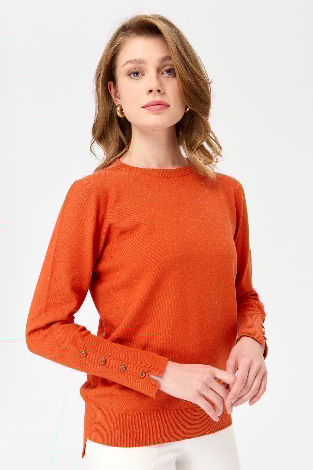 23331Kadın Sıfır Yaka Önü Kısa Arkası Uzun Kazak Portakal