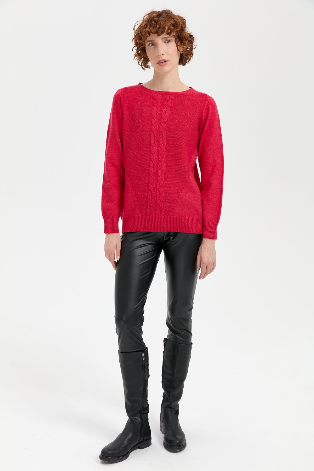 24185Kadın Sıfır Yaka Önü Saç Örgülü Kazak Kırmızı