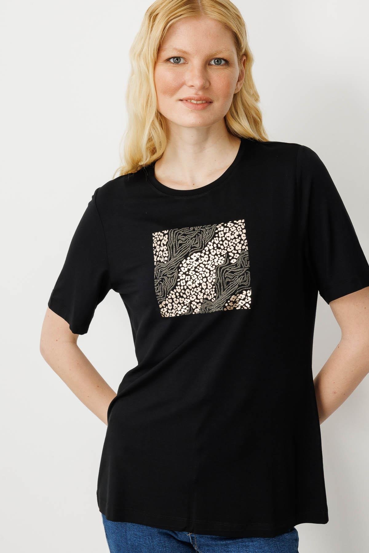 25834Kadın Sıfır Yaka Önü Taş Baskılı Penye T-shirt Siyah