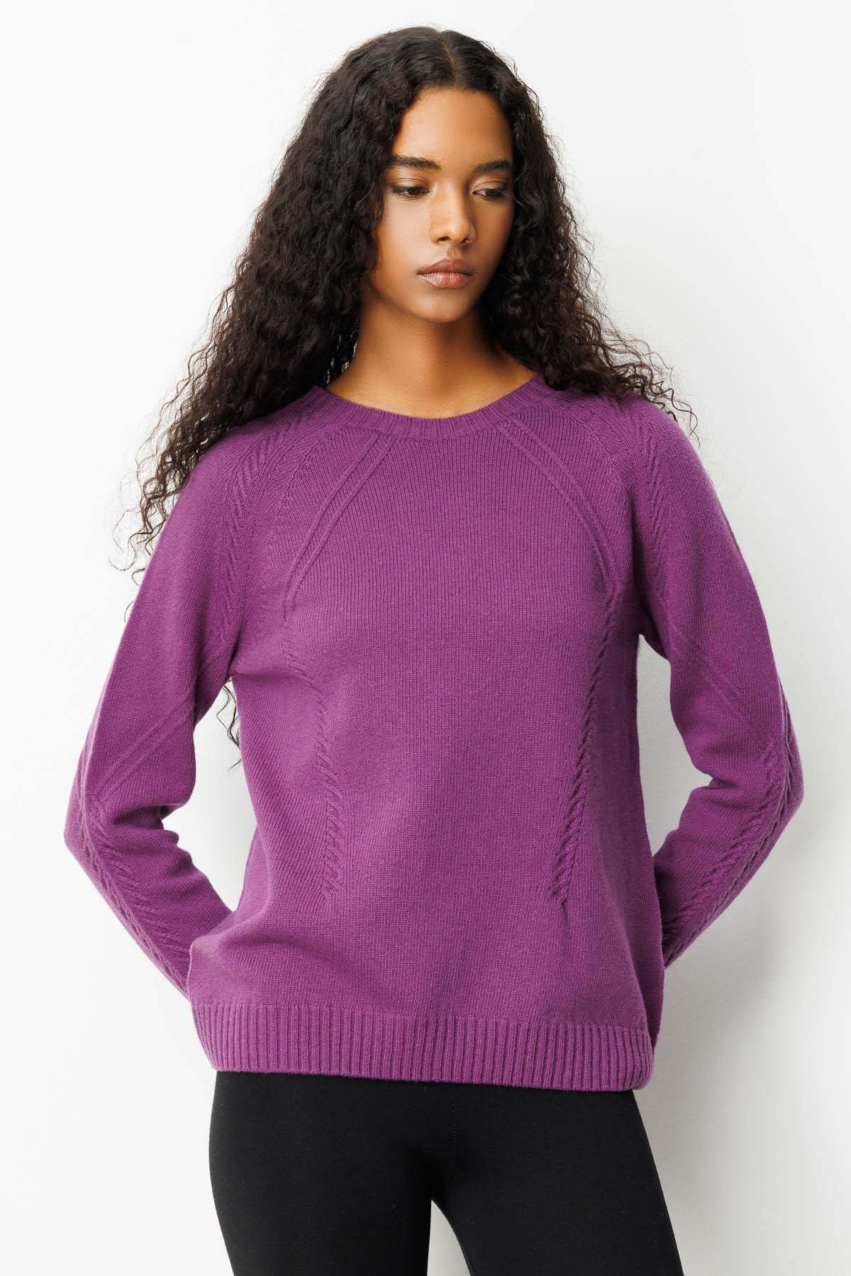 25221Kadın Sıfır Yaka Önü ve Kol Ortası Saç Örgü Yün Kazak A.Mor