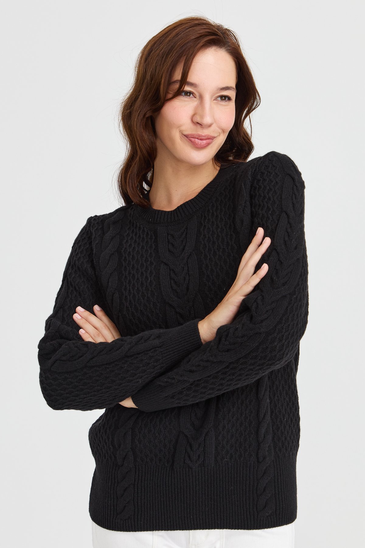 23034Kadın Sıfır Yaka Ortası Saç Örgü Yün Kazak Siyah