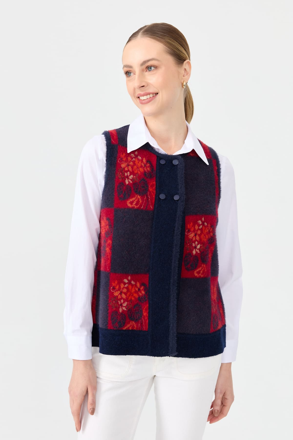 24074Kadın Sıfır Yaka Patchwork Arkası Keçe Kısa Yün Yelek Y.A Lacivert