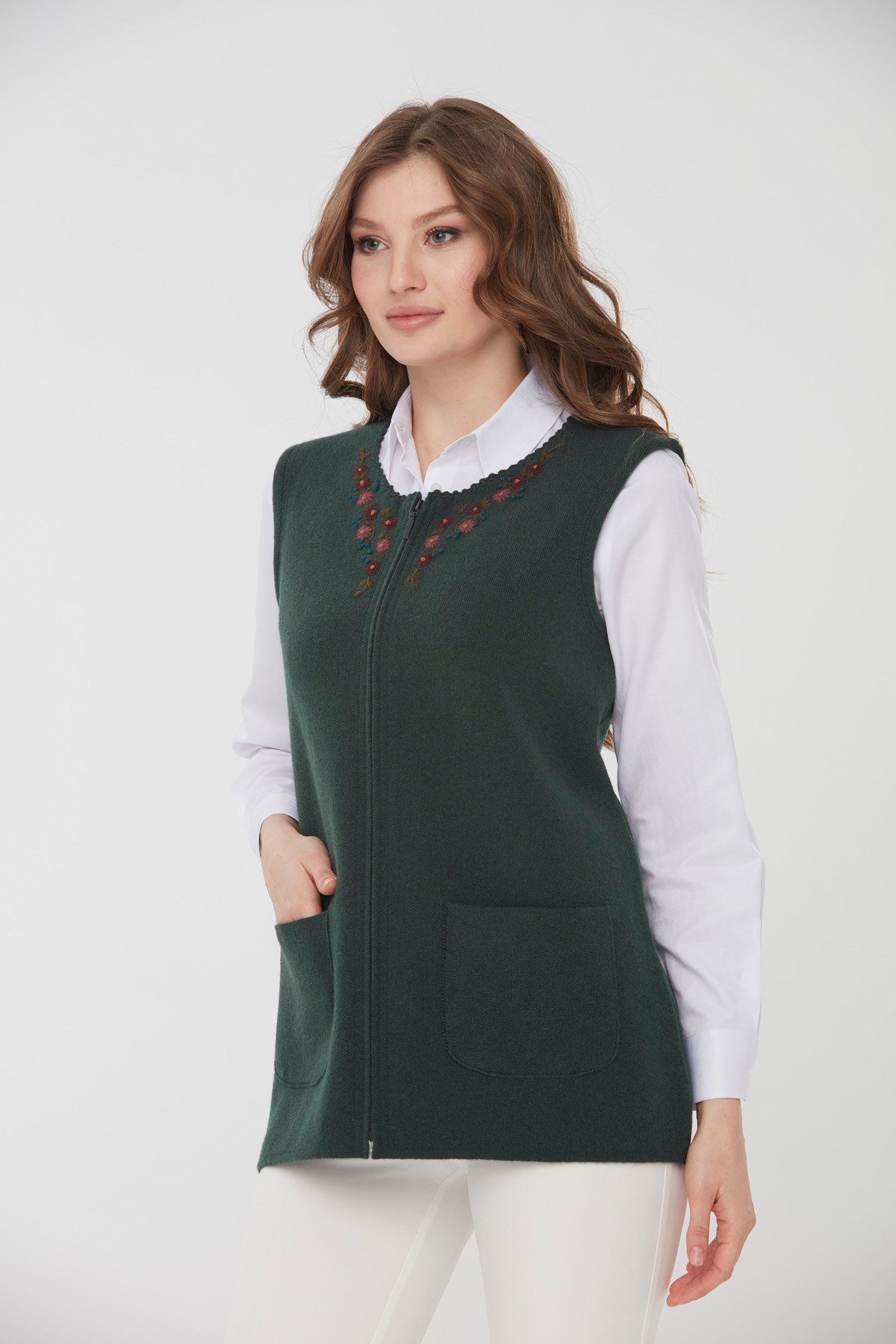 22190Kadın Sıfır Yaka Patchwork Yün Yelek Yeşil