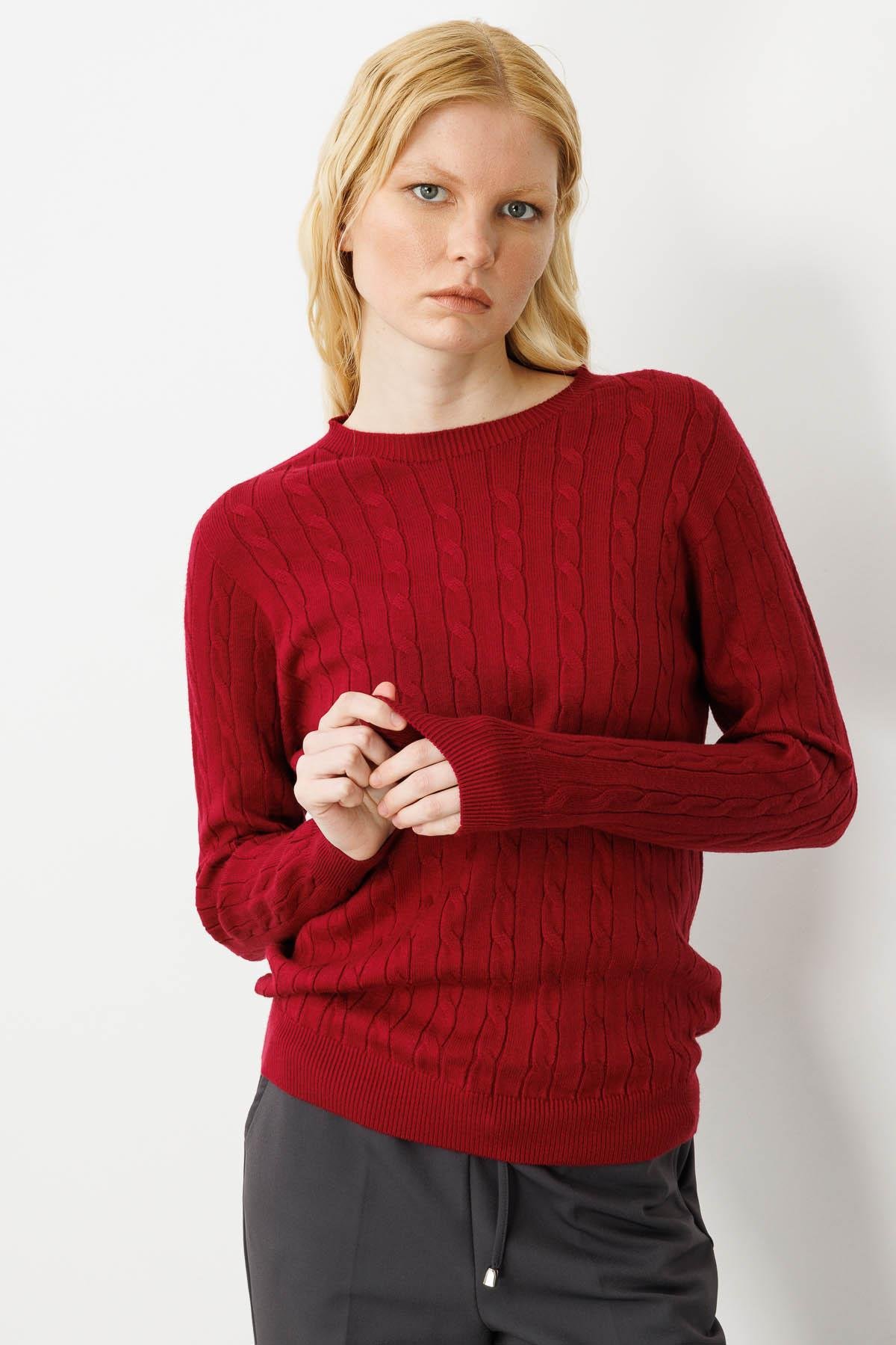 23329Kadın Sıfır Yaka Saç Örgülü Kazak V.Çürüğü