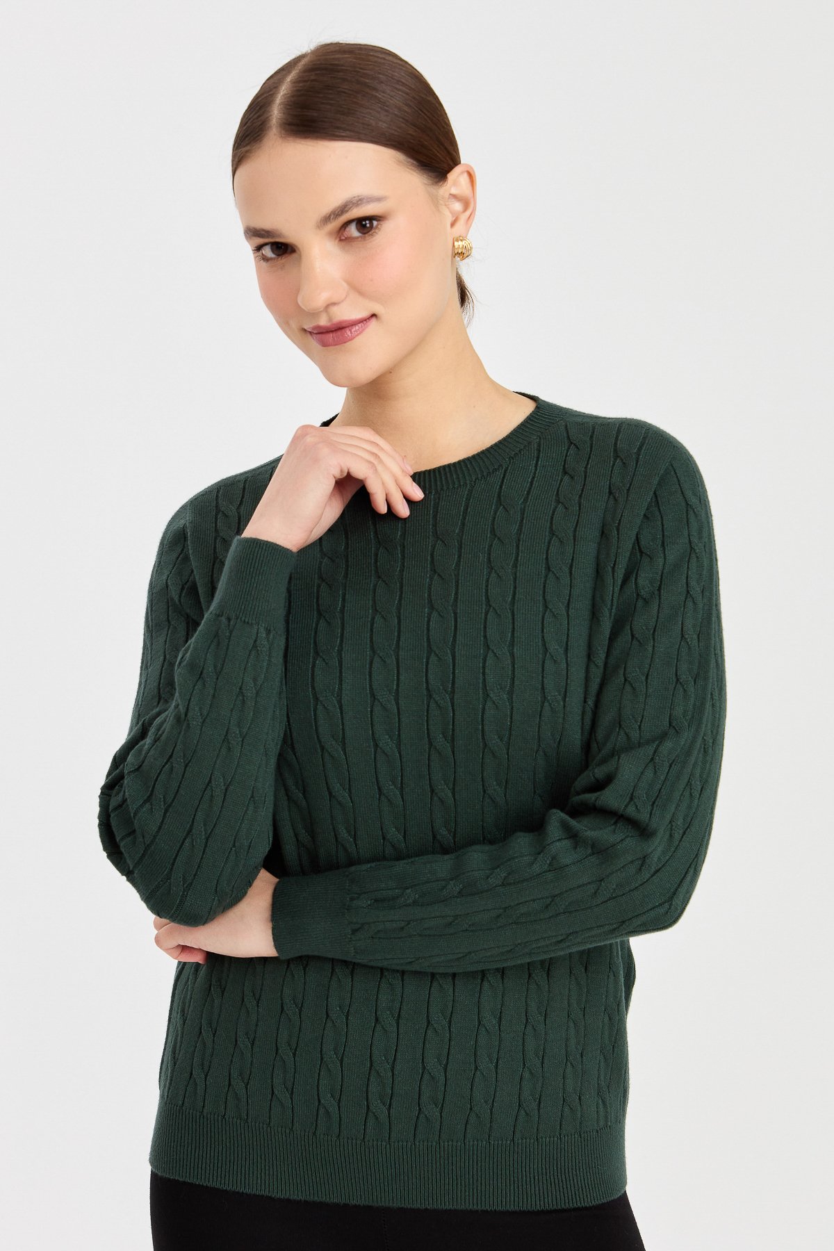 23329Kadın Sıfır Yaka Saç Örgülü Kazak Yeşil