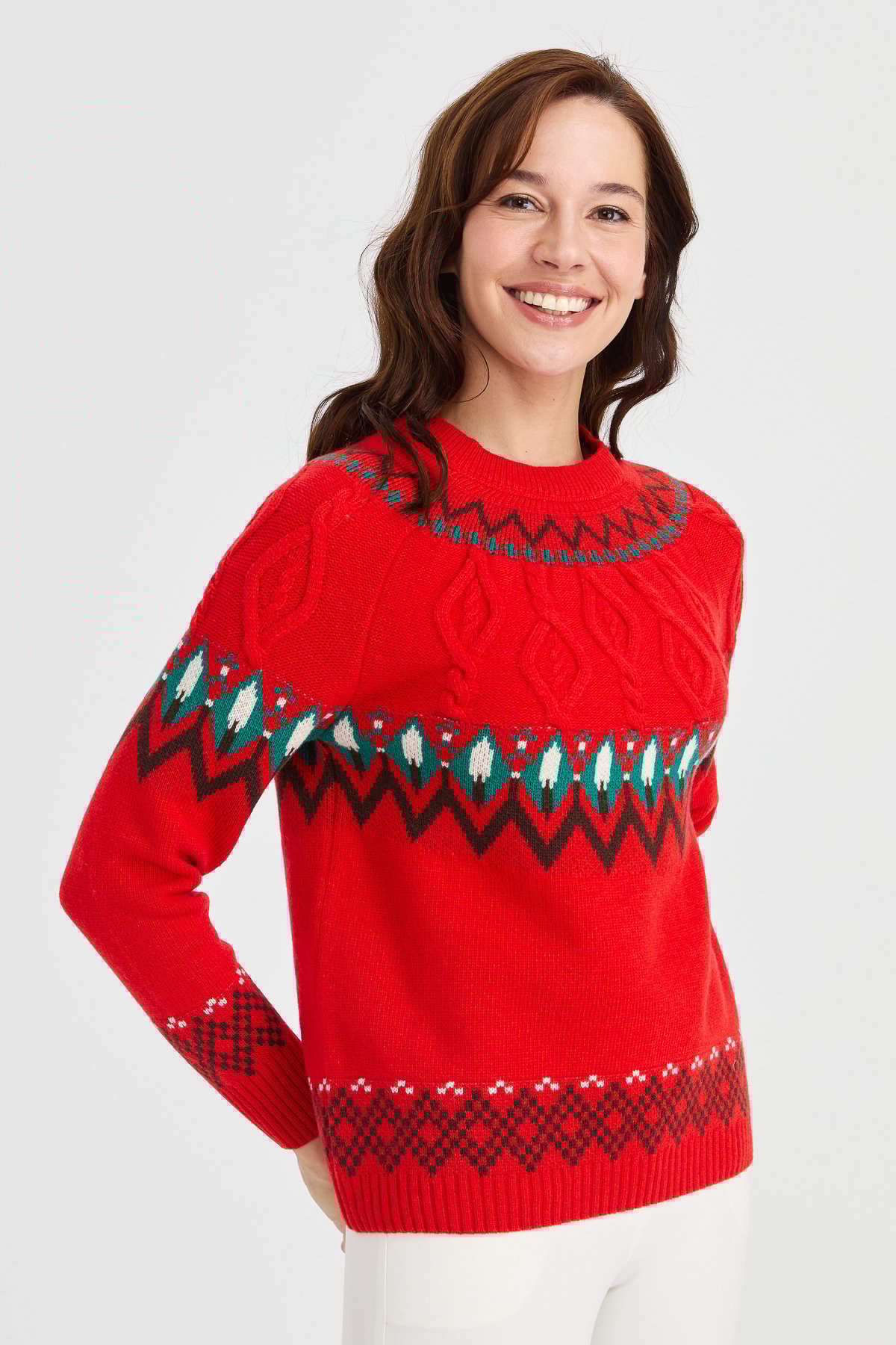 23015Kadın Sıfır Yaka Saç Yürütmeli Yün Kazak Mercan