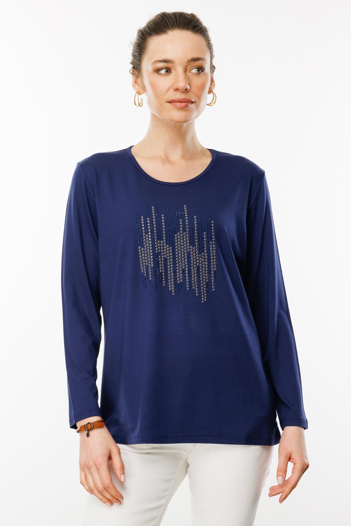 25770Kadın Sıfır Yaka Taş Baskılı Penye Bluz Lacivert