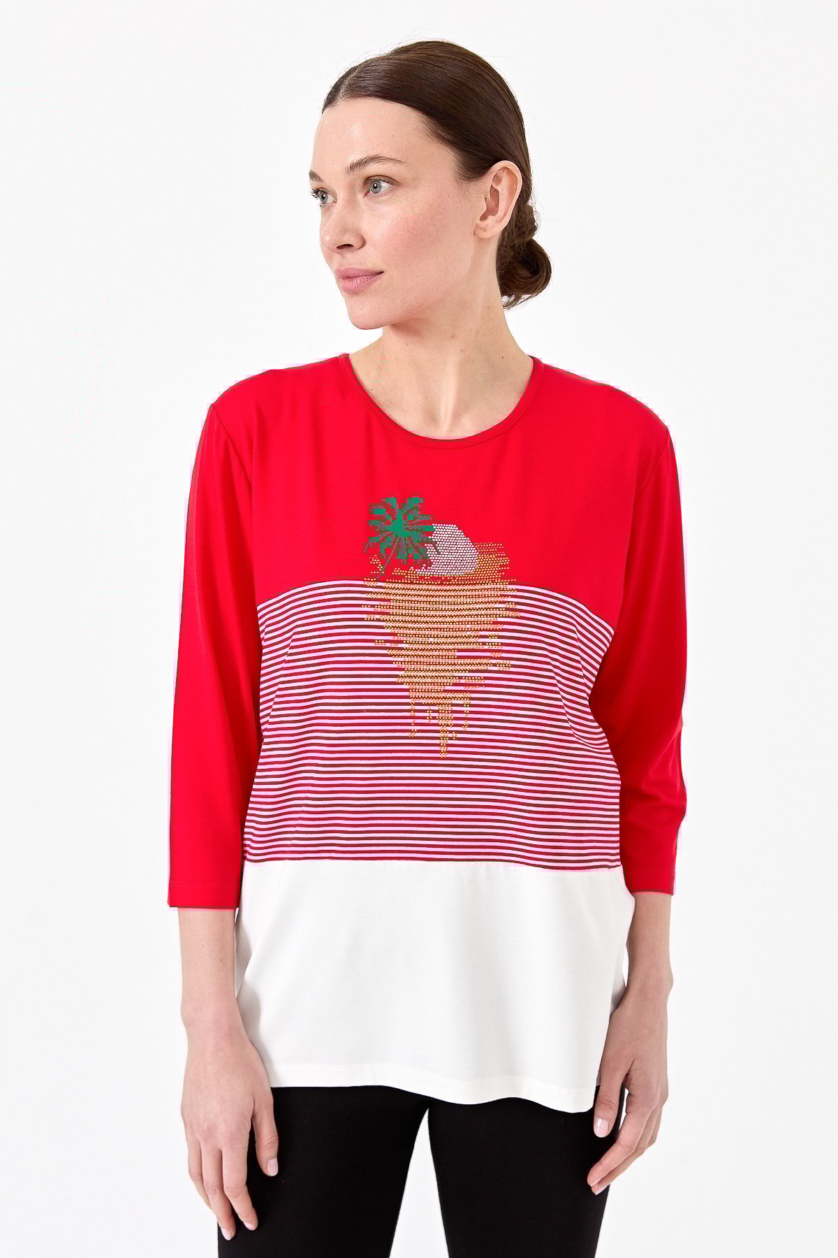 22779Kadın Sıfır Yaka Taşlı Çizgili Penye Bluz Kırmızı